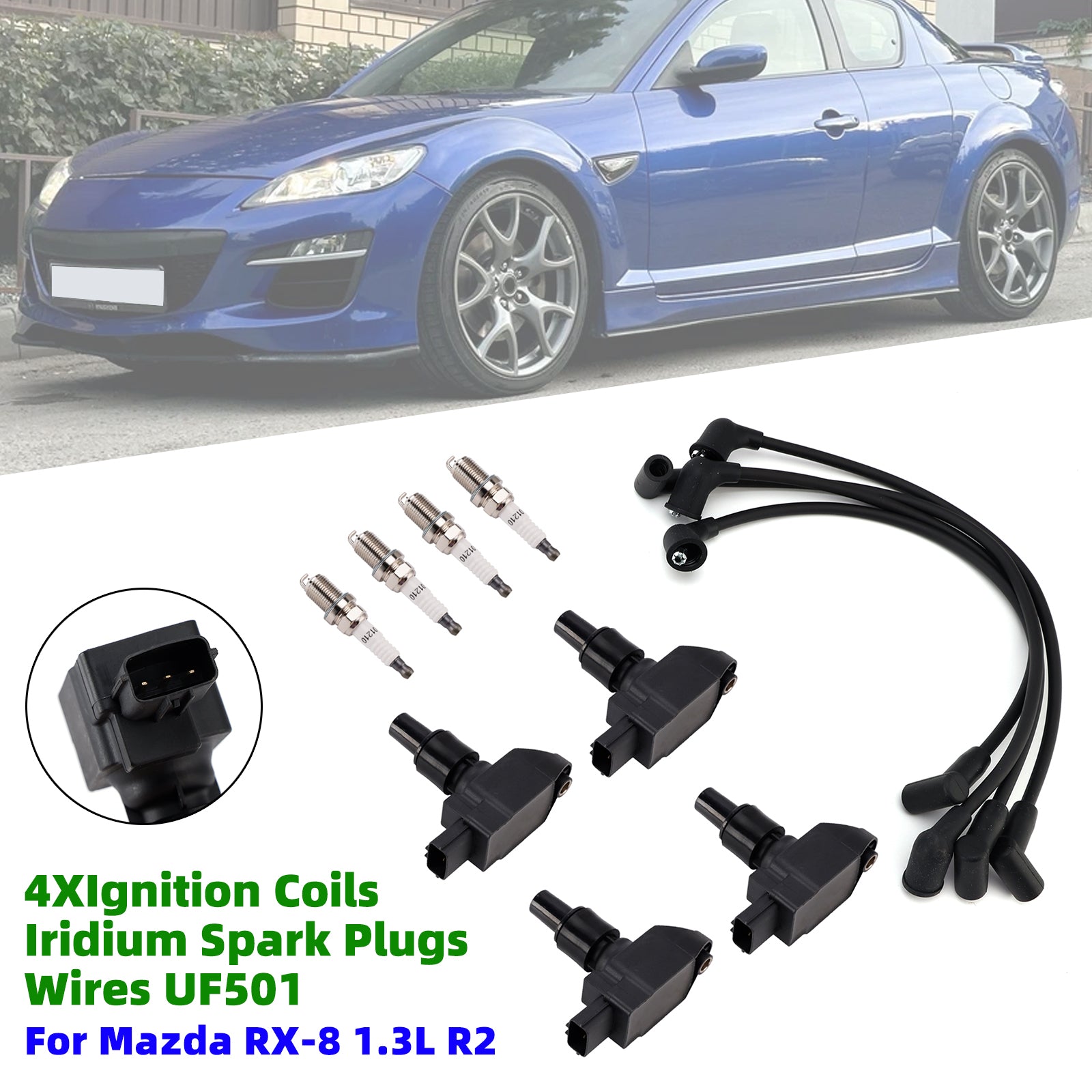 4*Ignition Coils & Iridium Spark Plugs & Wires UF501 For Mazda RX-8 1.3L R2