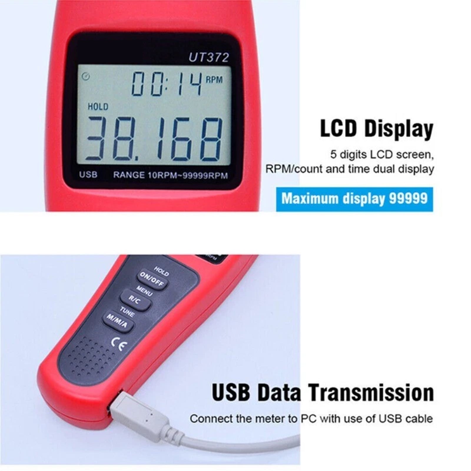 UT372 Digital Laser Photo Non-Contact Tachometer Wide Range USB Interface