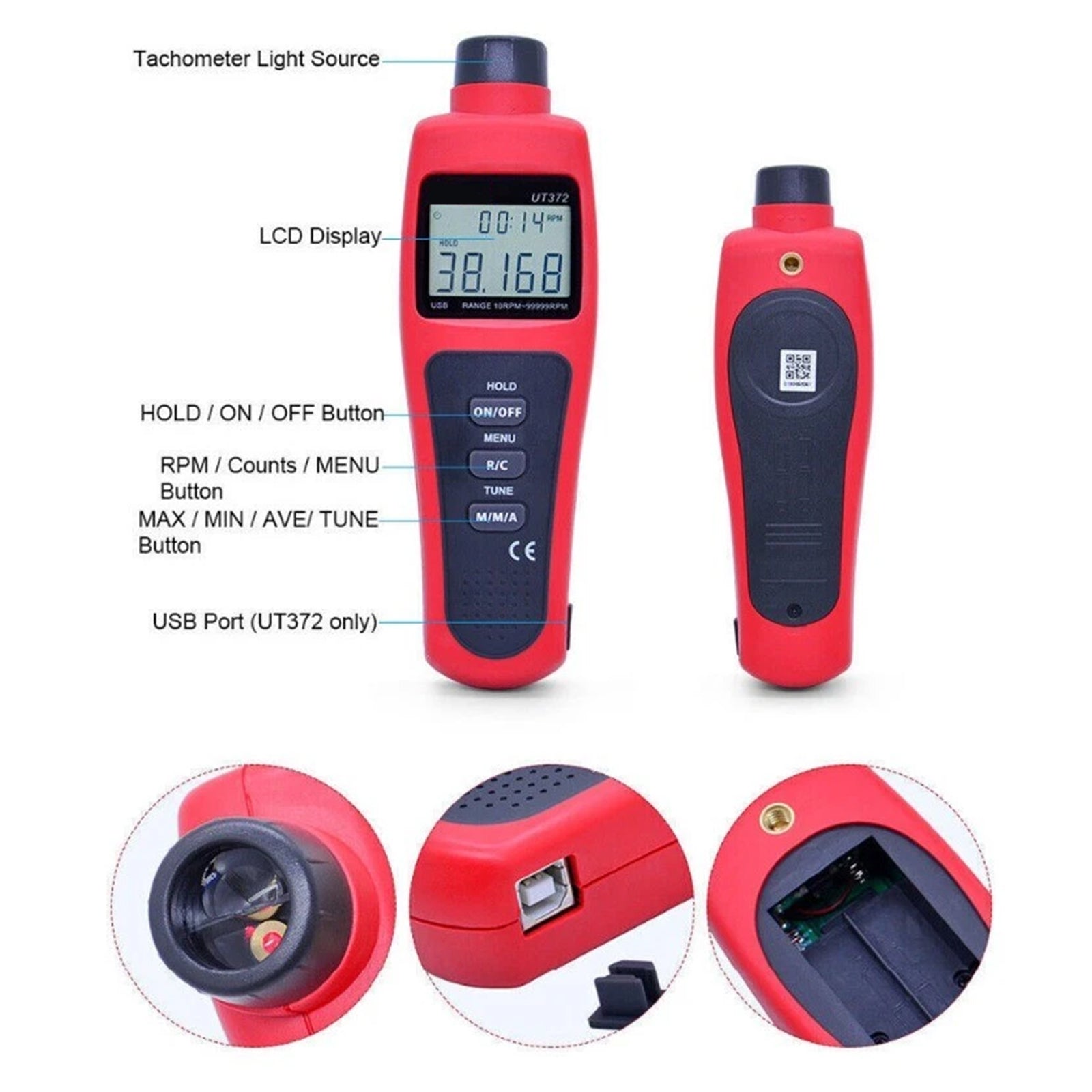 UT372 Digital Laser Photo Non-Contact Tachometer Wide Range USB Interface