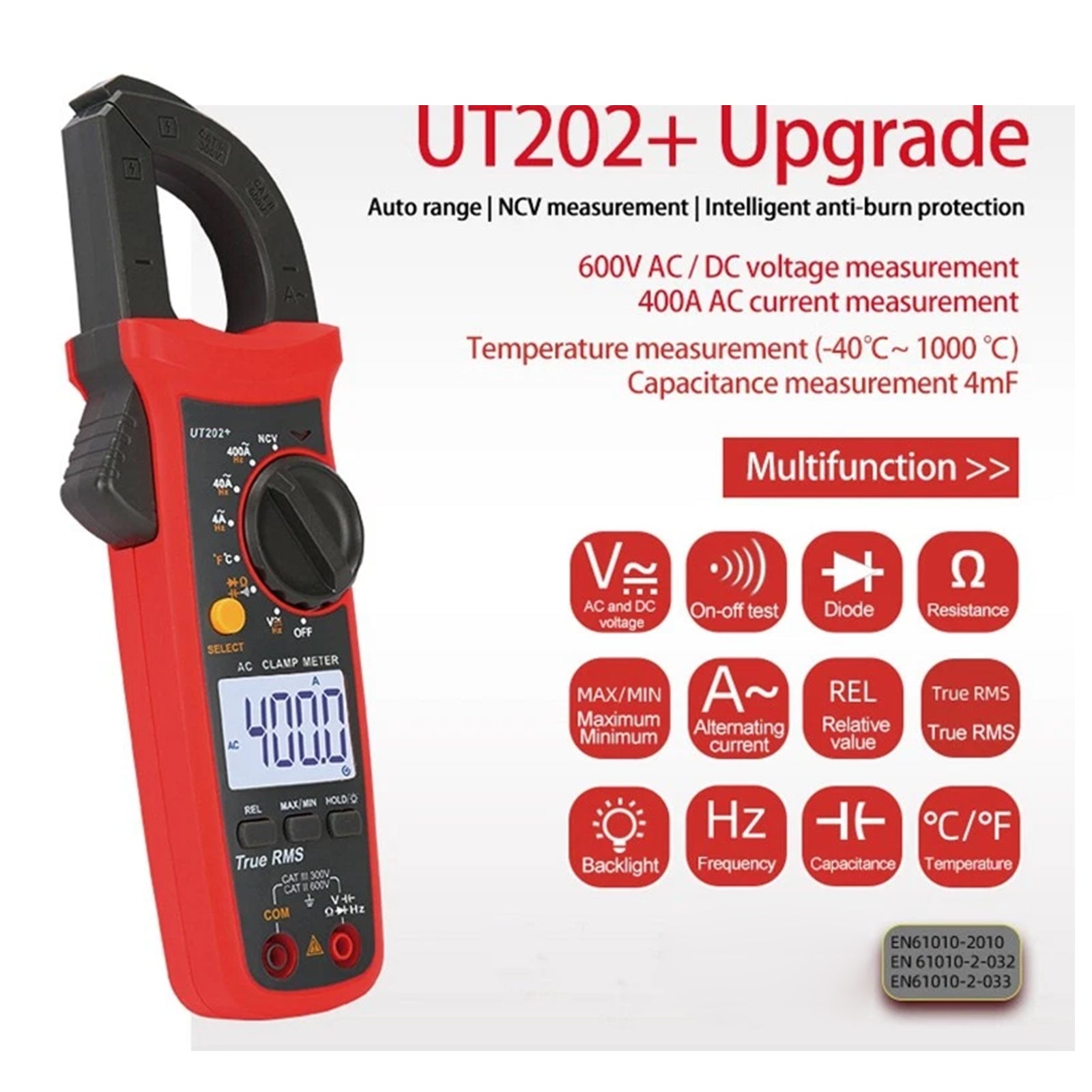 UT202+ Handheld True RMS Digital Clamp Meter Multimeter AC DC Volt NCV