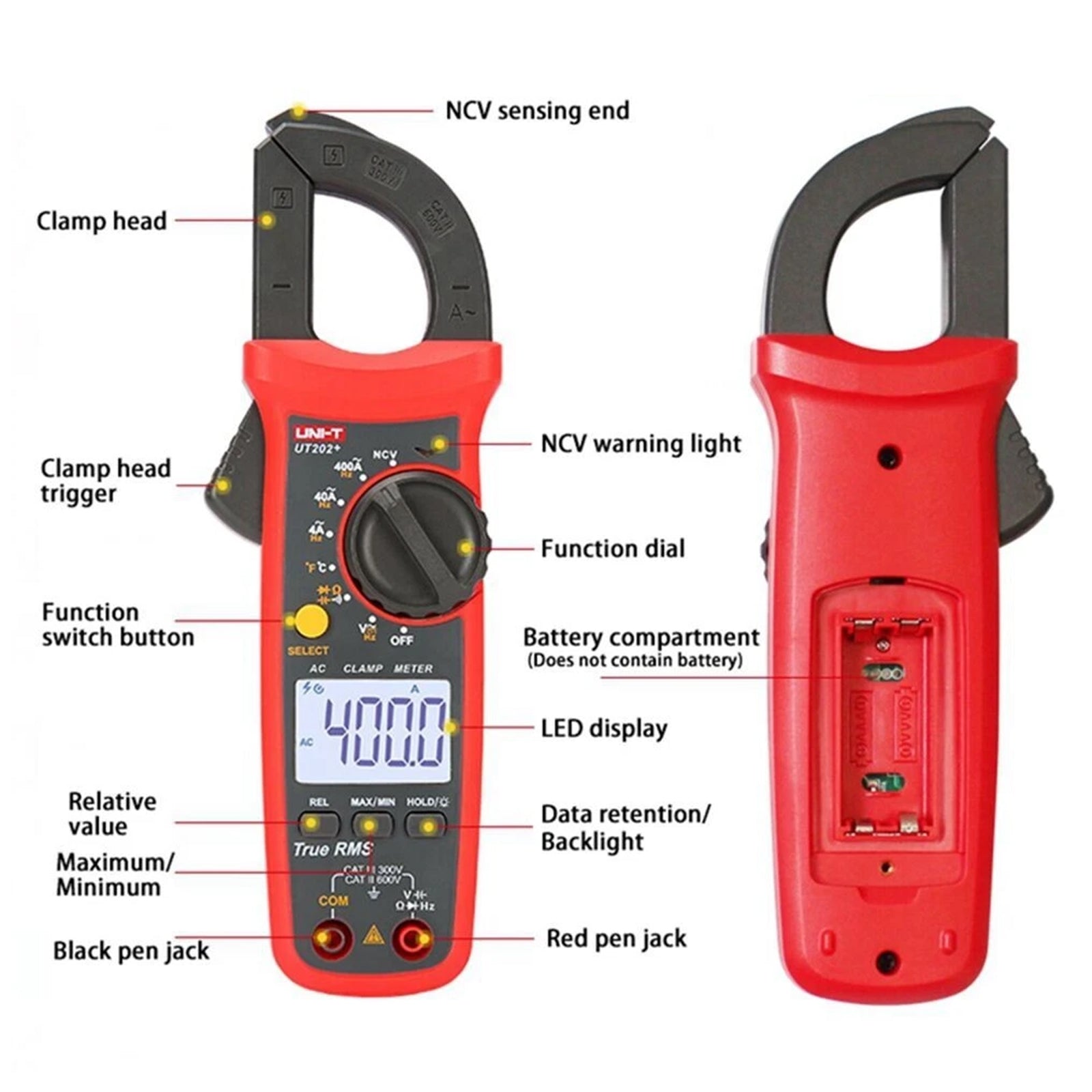 UT202+ Handheld True RMS Digital Clamp Meter Multimeter AC DC Volt NCV