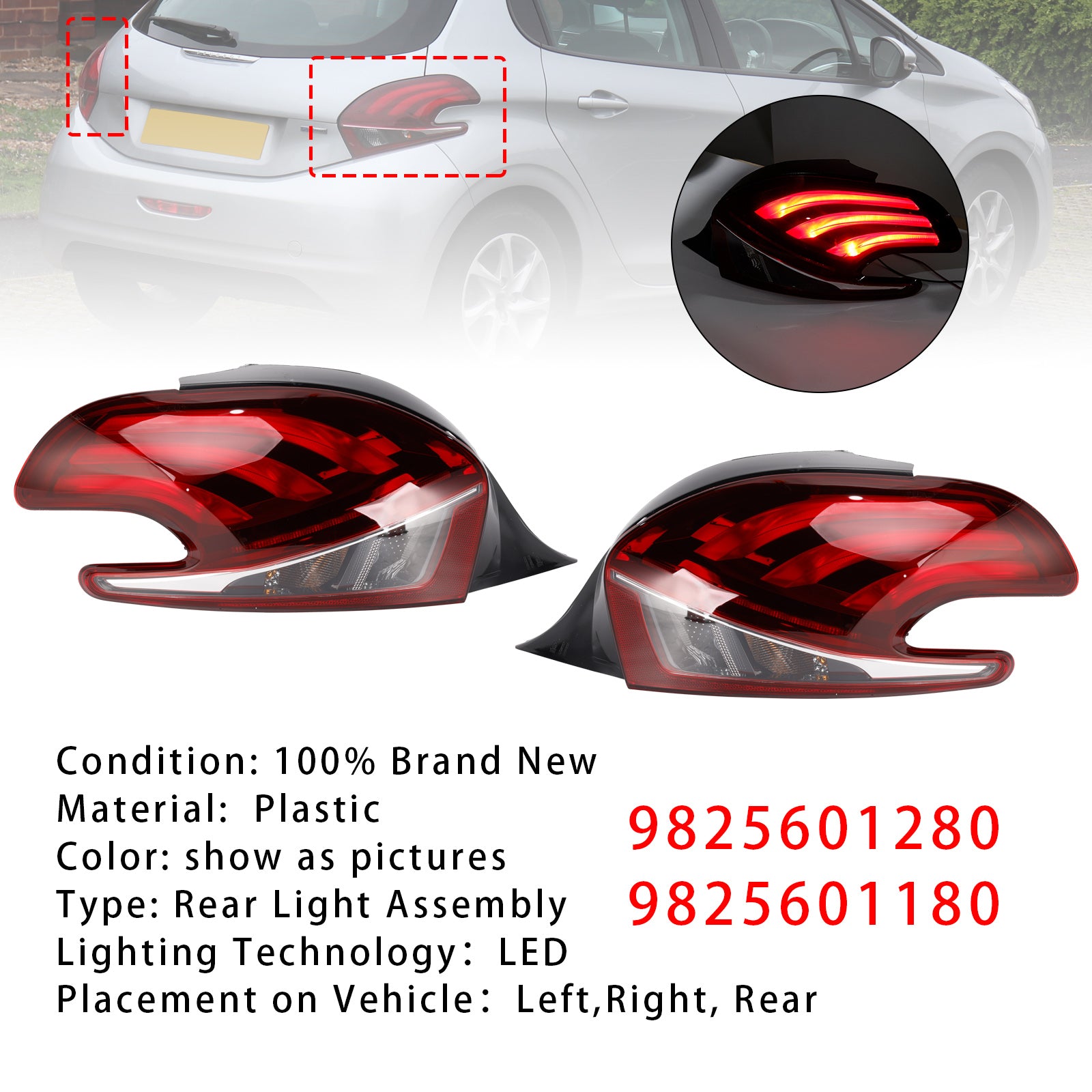 LED Rear Left+Right Tail Light Lamp For Peugeot 208 2015-2019 Facelift Models