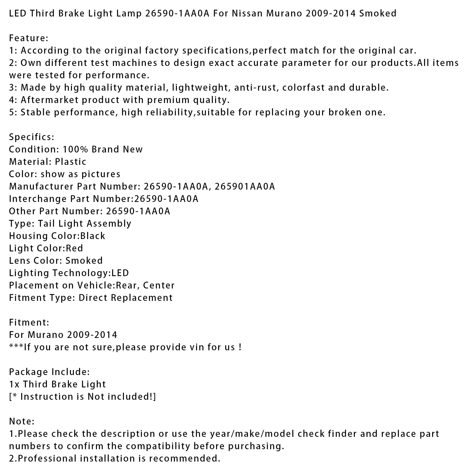Led Third Brake Light Lamp 26590-1AA0A For Nissan Murano 2009-2014 Smoked