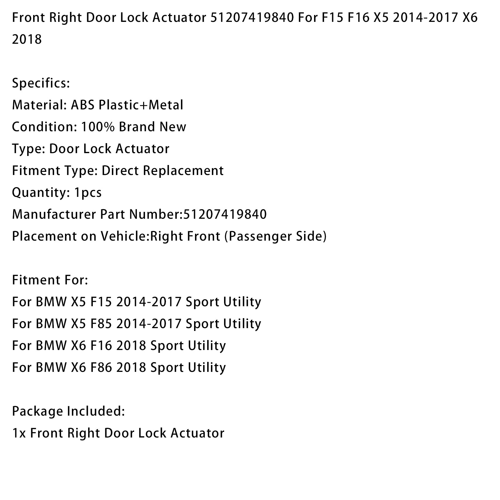 Front Right Door Lock Actuator 51207419840 For F15 F16 X5 2014-2017 X6 2018