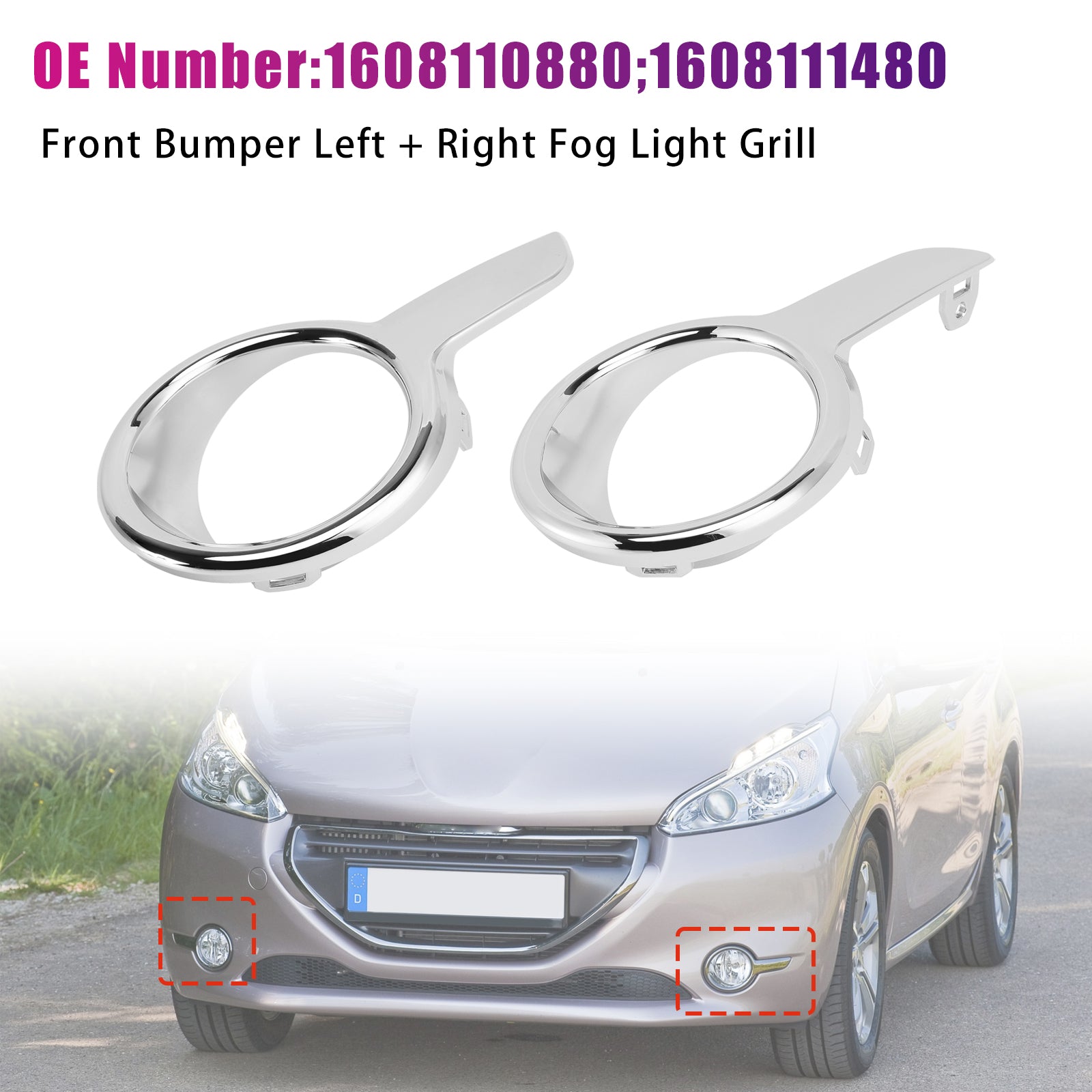 Left + Right Fog Light Grill 1608110880 1608111480 For Peugeot 208 2012-2015