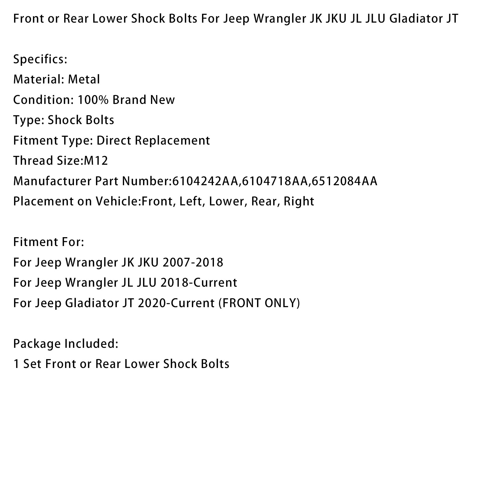 Front or Rear Lower Shock Bolts For Jeep Wrangler JK JKU JL JLU Gladiator JT