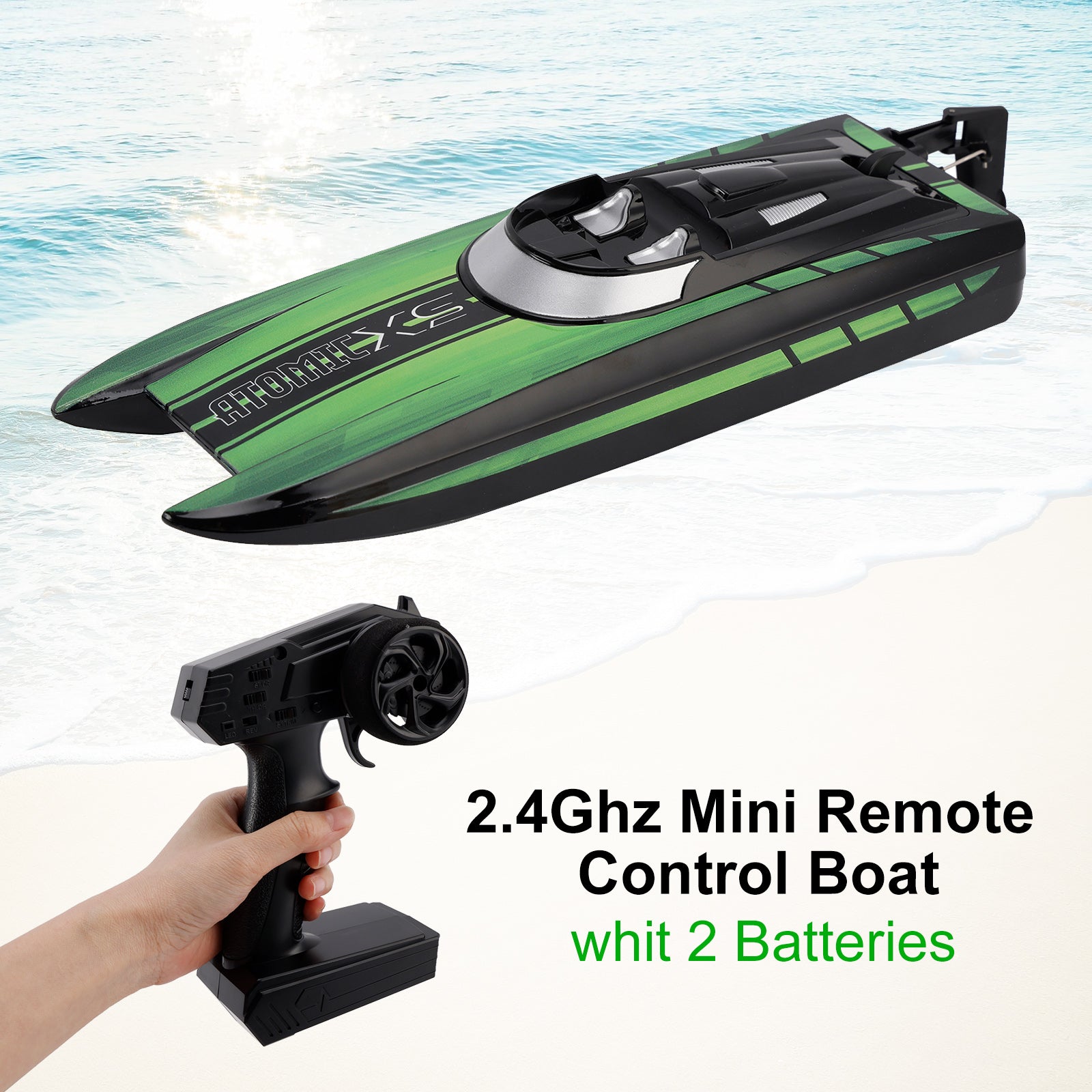 2.4Ghz Mini Remote Control Boat For Water Pool Lake Water Toy 2 Batteries Green