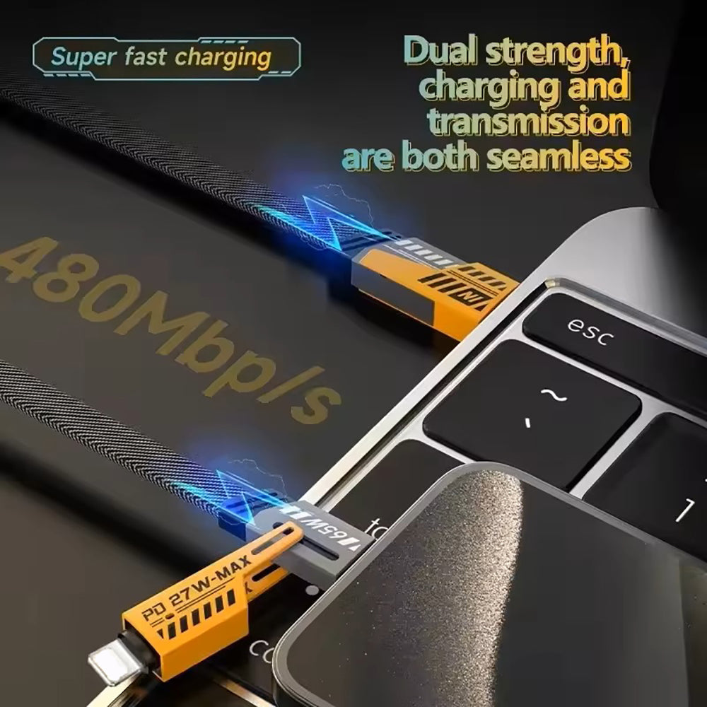 1M Data Cable 4-in-1 PD65W Multi-Function Type-C Charging Cable Fast Charger Cable for iPhone/Samsung/Android Phones