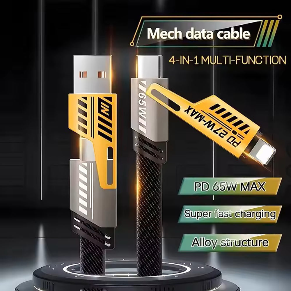 1M Data Cable 4-in-1 PD65W Multi-Function Type-C Charging Cable Fast Charger Cable for iPhone/Samsung/Android Phones