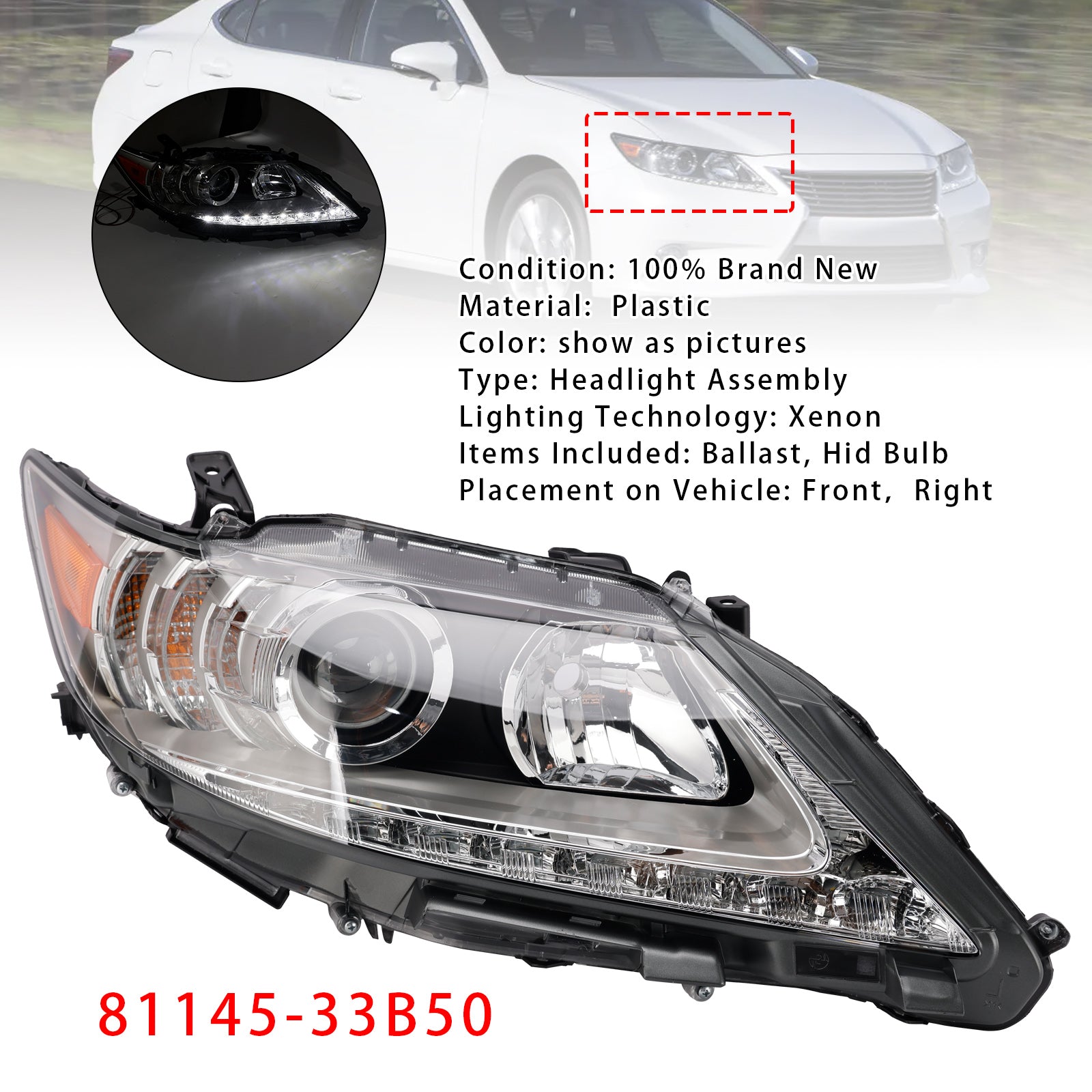 Right Hid Xenon Headlight 81145-33B50 For Lexus Es350 Es300H 2013-2015
