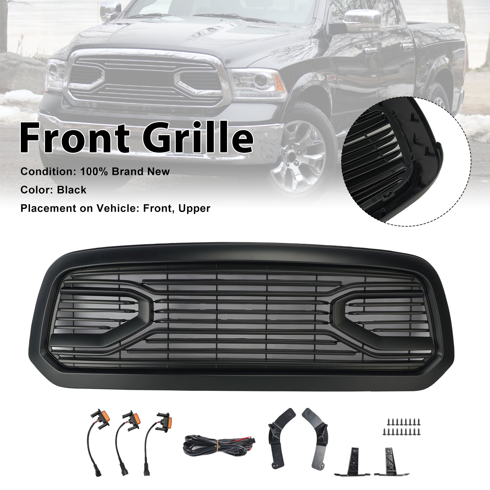 Black Big Horn Style Front Bumper Grill Grille Fit Dodge Ram 1500 2013-2018