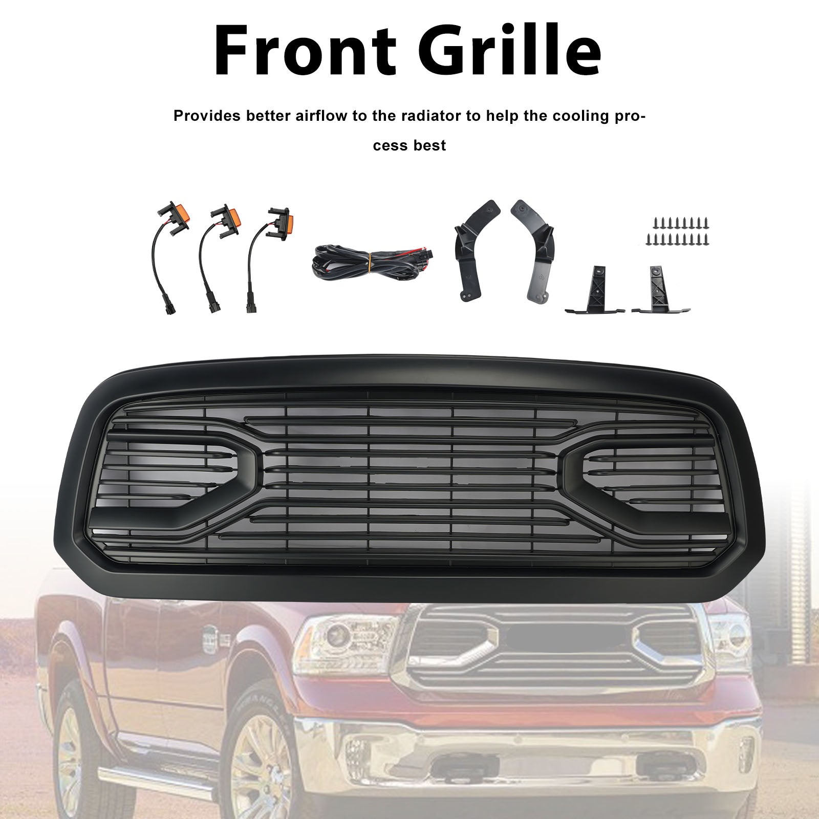 Black Big Horn Style Front Bumper Grill Grille Fit Dodge Ram 1500 2013-2018