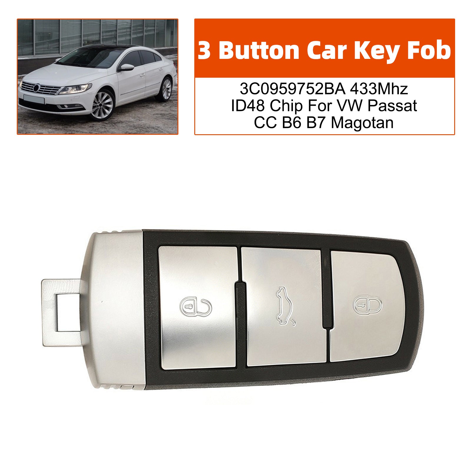 3 Button Car Key Fob 3C0959752BA 433Mhz ID48 Chip For VW Passat CC B6 B7 Magotan