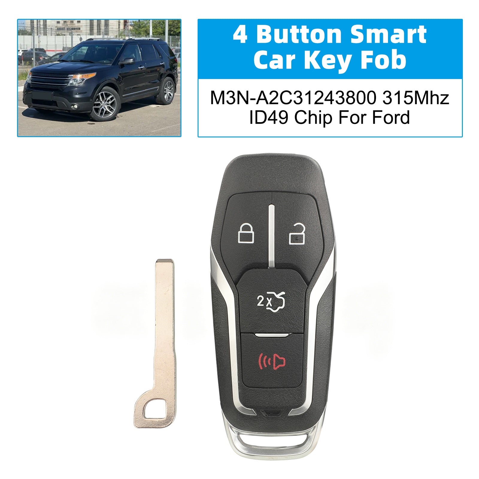 4 Button Smart Car Key Fob M3N-A2C31243800 315Mhz ID49 Chip For Ford