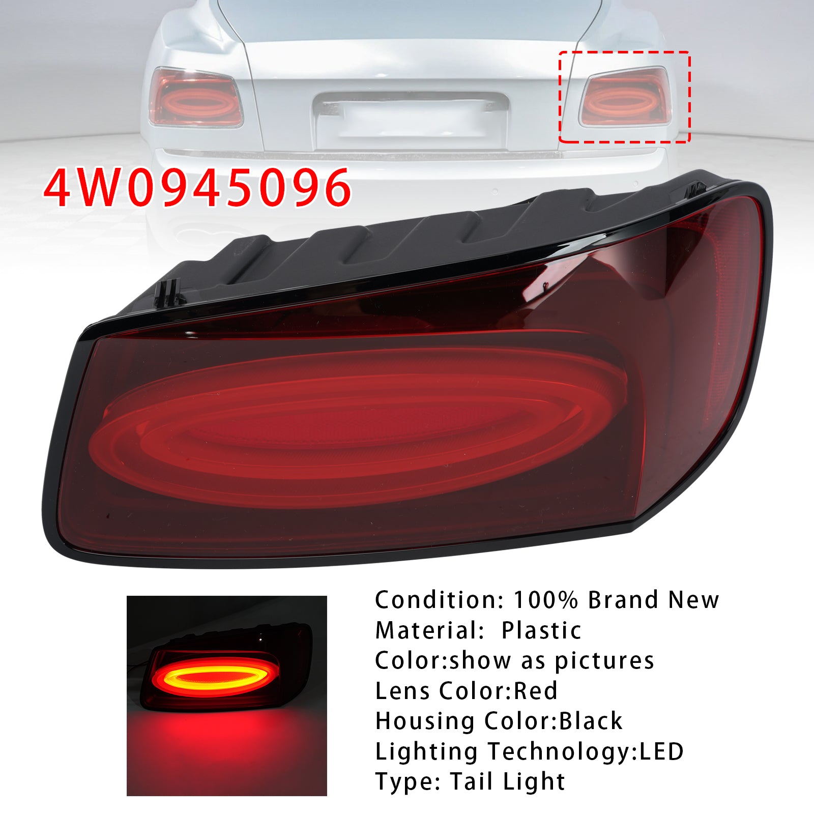 Right Tail Light 4W0945096 For Bentley Flying Spur 4.0L 6.0L 2013-2019 Black
