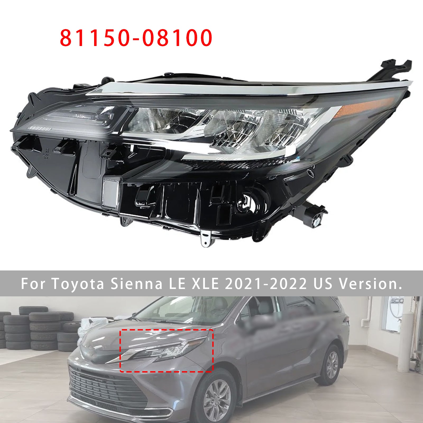Left LED Headlight Assembly LED 81150-08100 For Toyota Sienna LE XLE 2021-2022