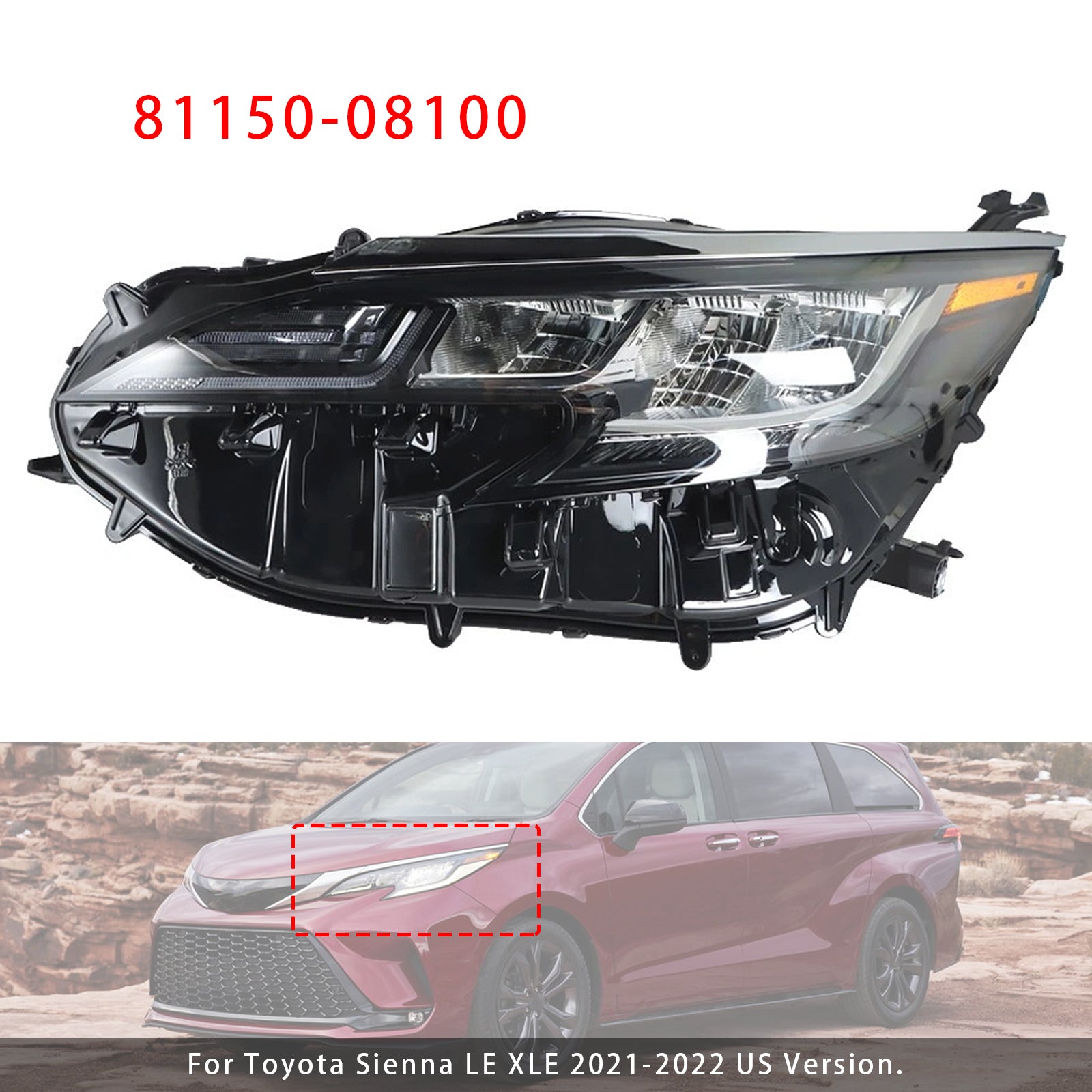 Left LED Headlight Assembly LED 81150-08100 For Toyota Sienna LE XLE 2021-2022