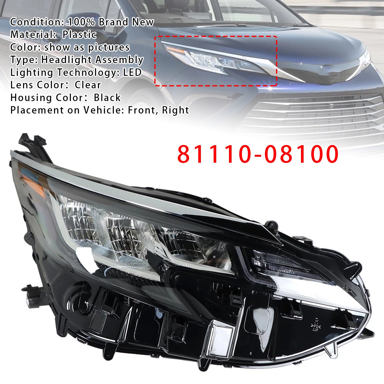 Right LED Headlight Assembly LED 81110-08100 For Toyota Sienna LE XLE 2021-2022