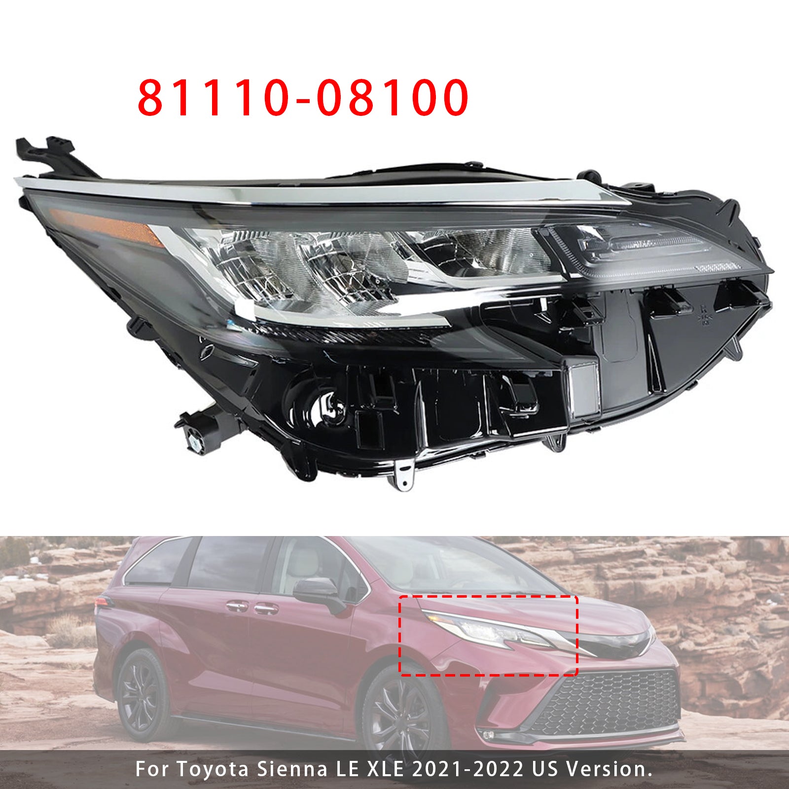 Right LED Headlight Assembly LED 81110-08100 For Toyota Sienna LE XLE 2021-2022