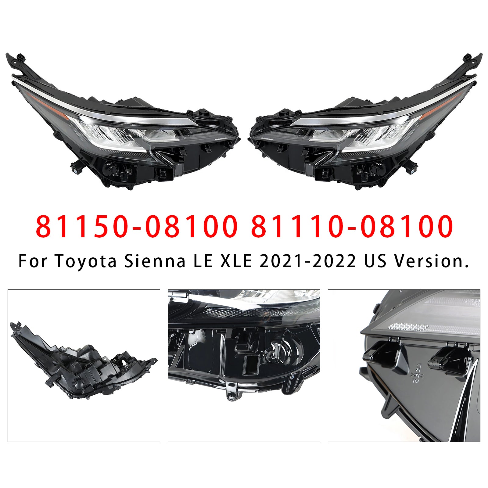 Left+Right LED Headlight Assembly LED For Toyota Sienna LE XLE 2021-2022