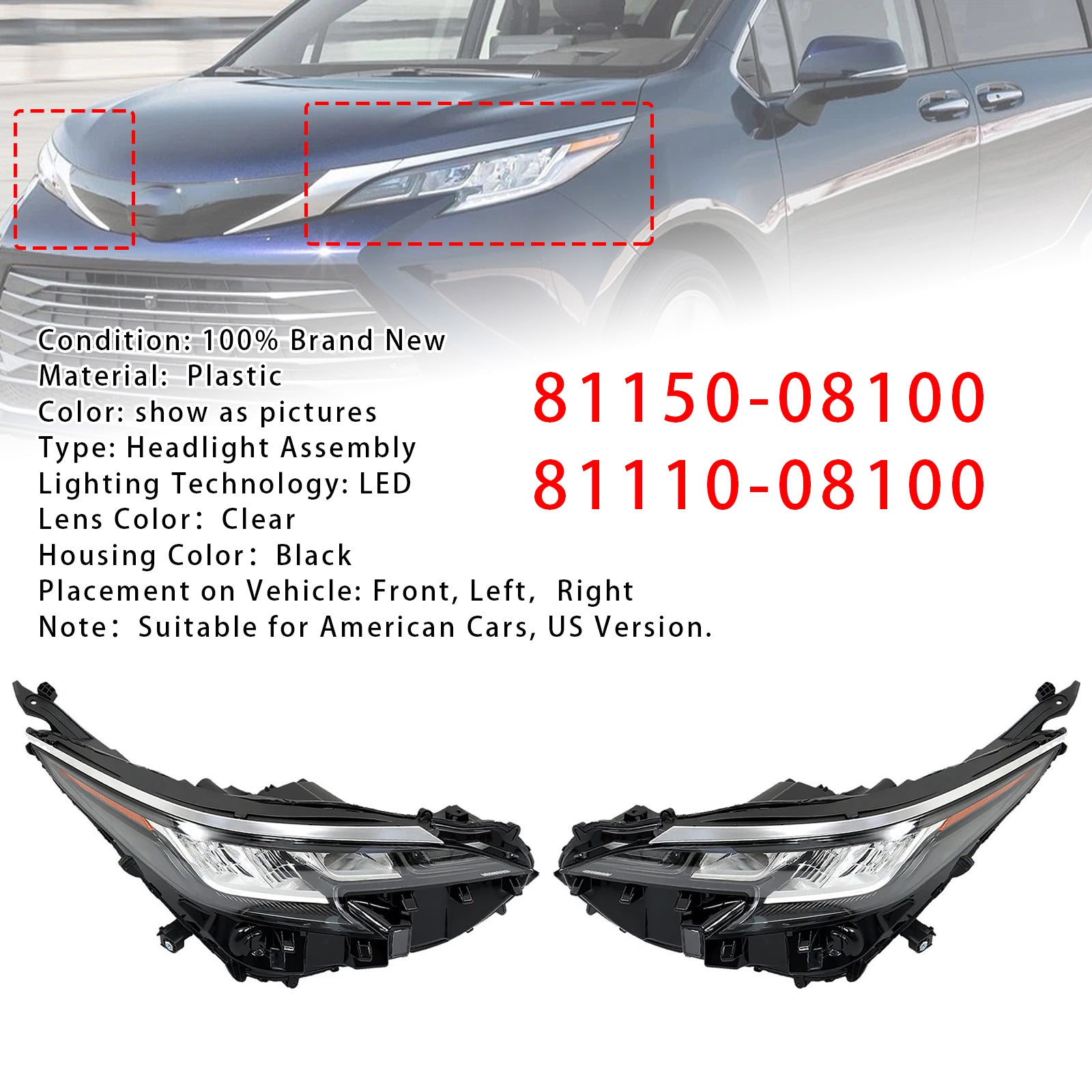 Left+Right LED Headlight Assembly LED For Toyota Sienna LE XLE 2021-2022