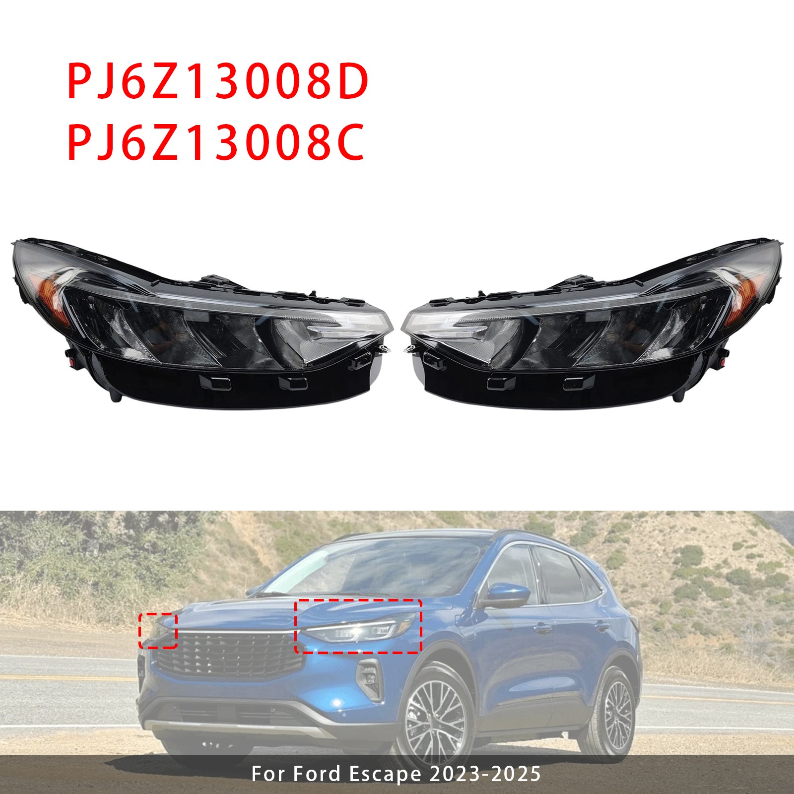 Left+Right LED Headlight Assembly PJ6Z13008D PJ6Z13008C For Ford Escape 23-2025