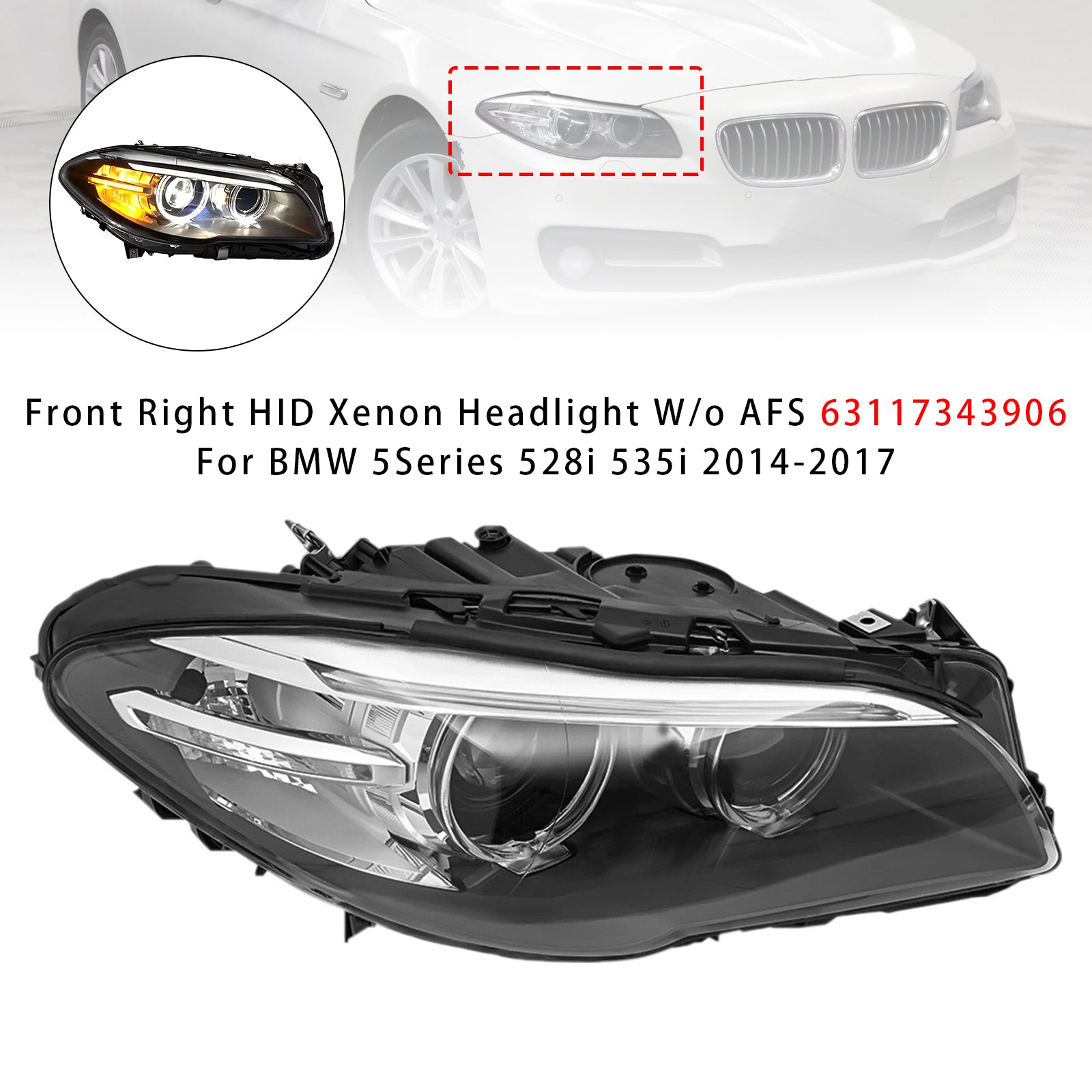Front Right HID Xenon Headlight W/o AFS For BMW 5Series 528i 535i 2014-2017