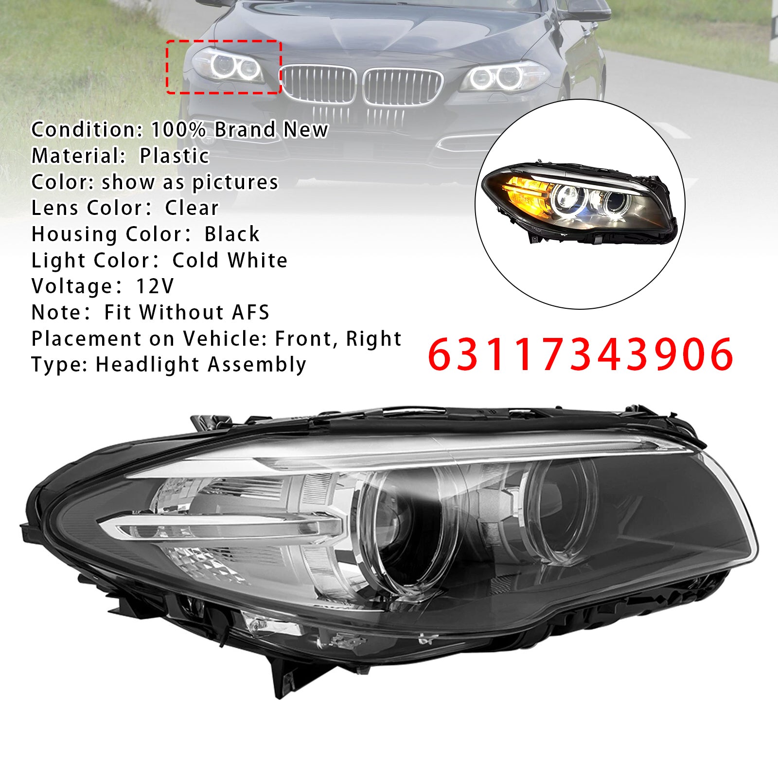 Front Right HID Xenon Headlight W/o AFS For BMW 5Series 528i 535i 2014-2017