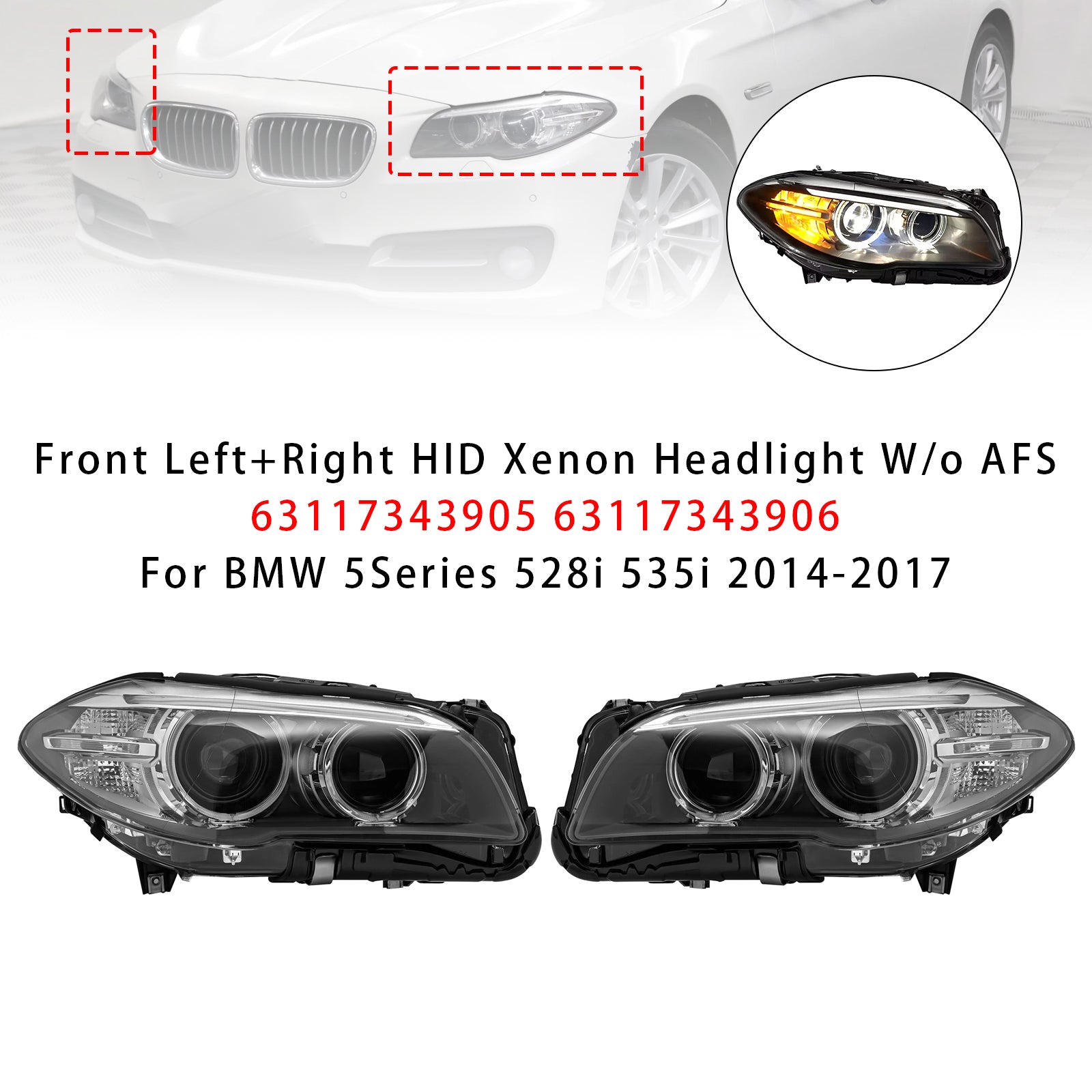 Front Left+Right HID Xenon Headlight W/o AFS For BMW 5Series 528i 535i 2014-2017