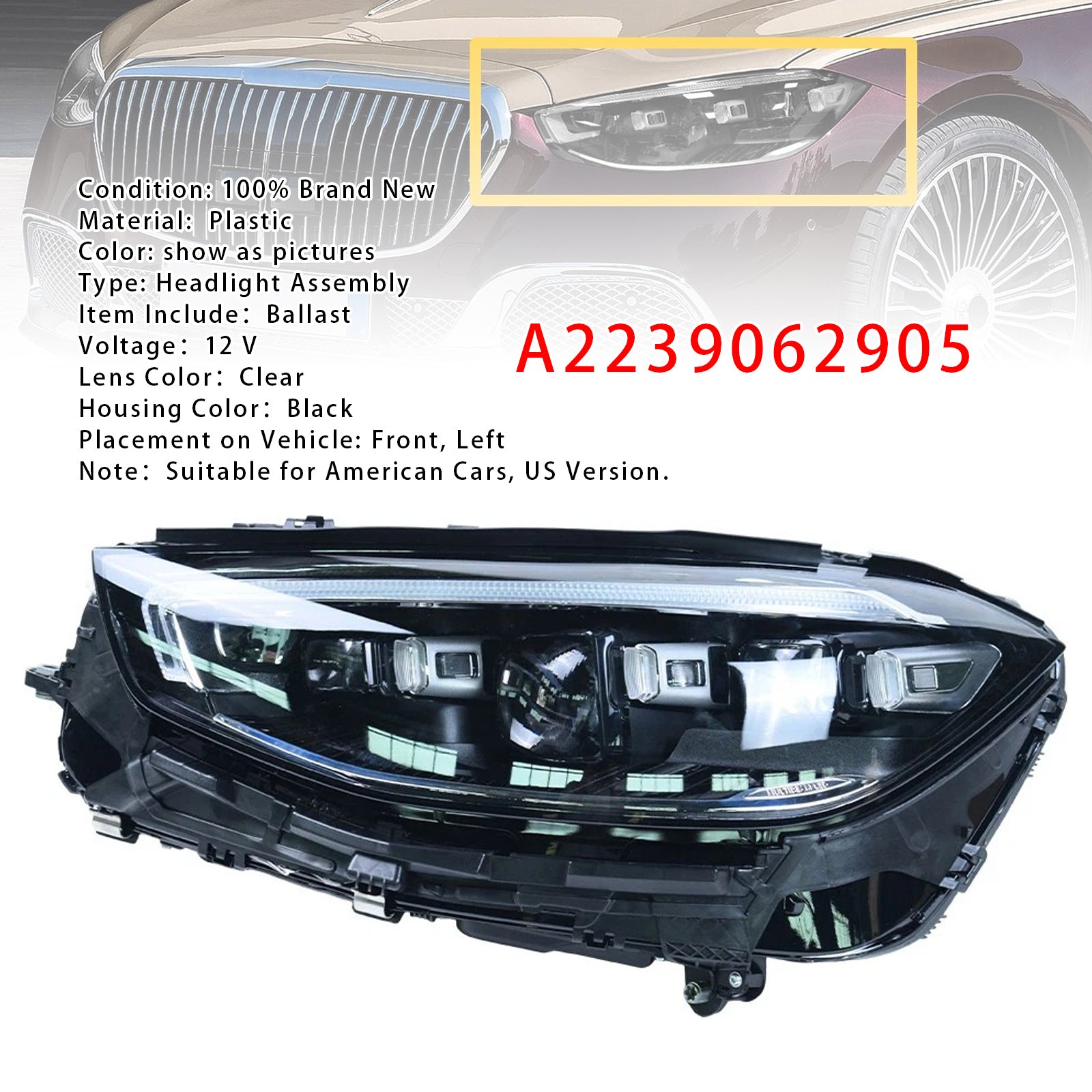 Left LED Headlight Assembly A2239062905 For Mercedes-Benz S-Class S580 2021-2023