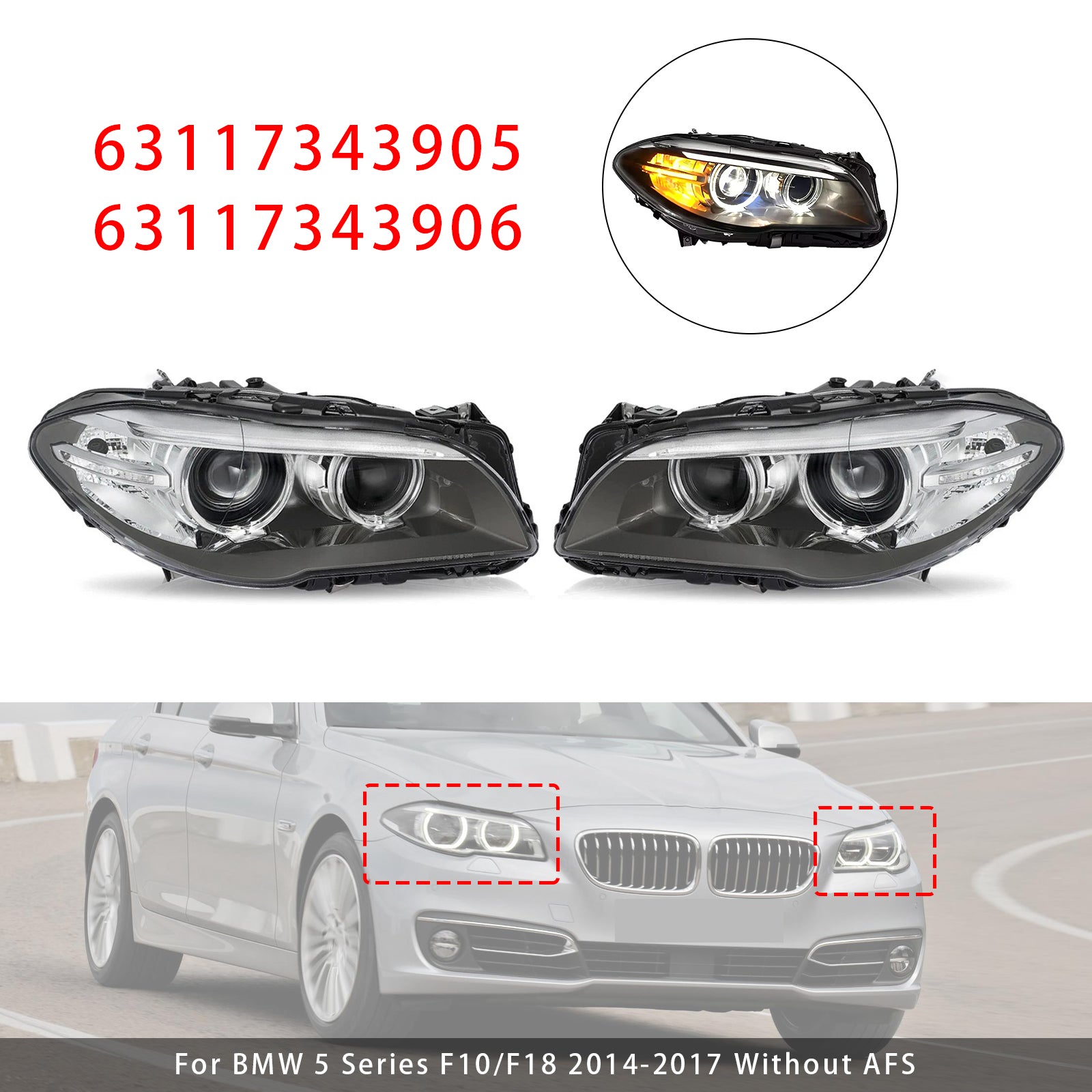 Front Left+Right HID Xenon Headlight W/o AFS For BMW 5Series 528i 535i 2014-2017