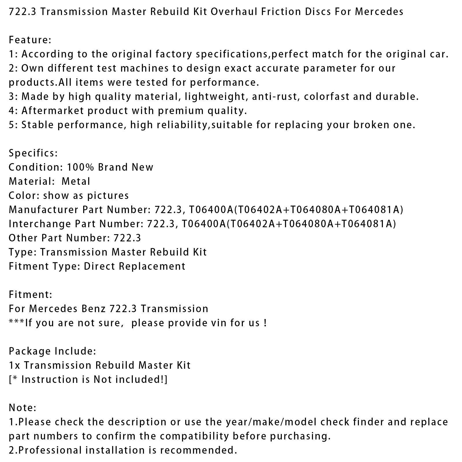 722.3 Transmission Master Rebuild Kit Overhaul Friction Discs For Mercedes