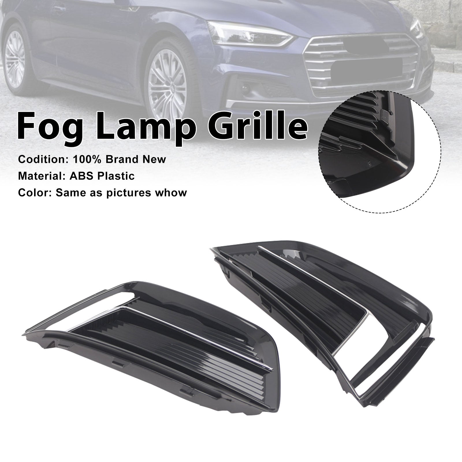 Black/Chrome Front Bumper Fog Light Grille Cover Bezel Fit Audi A5 2017-2019
