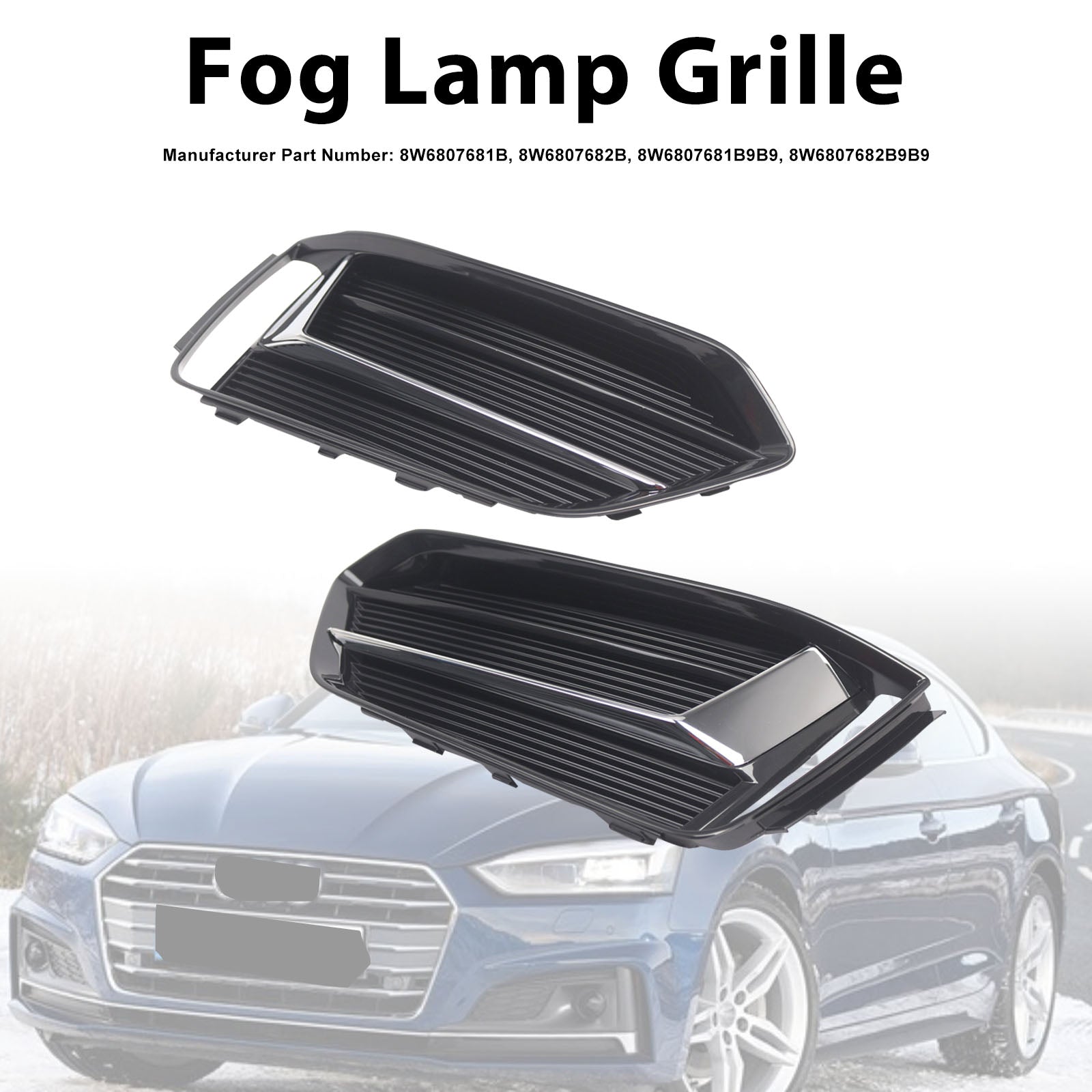 Black/Chrome Front Bumper Fog Light Grille Cover Bezel Fit Audi A5 2017-2019