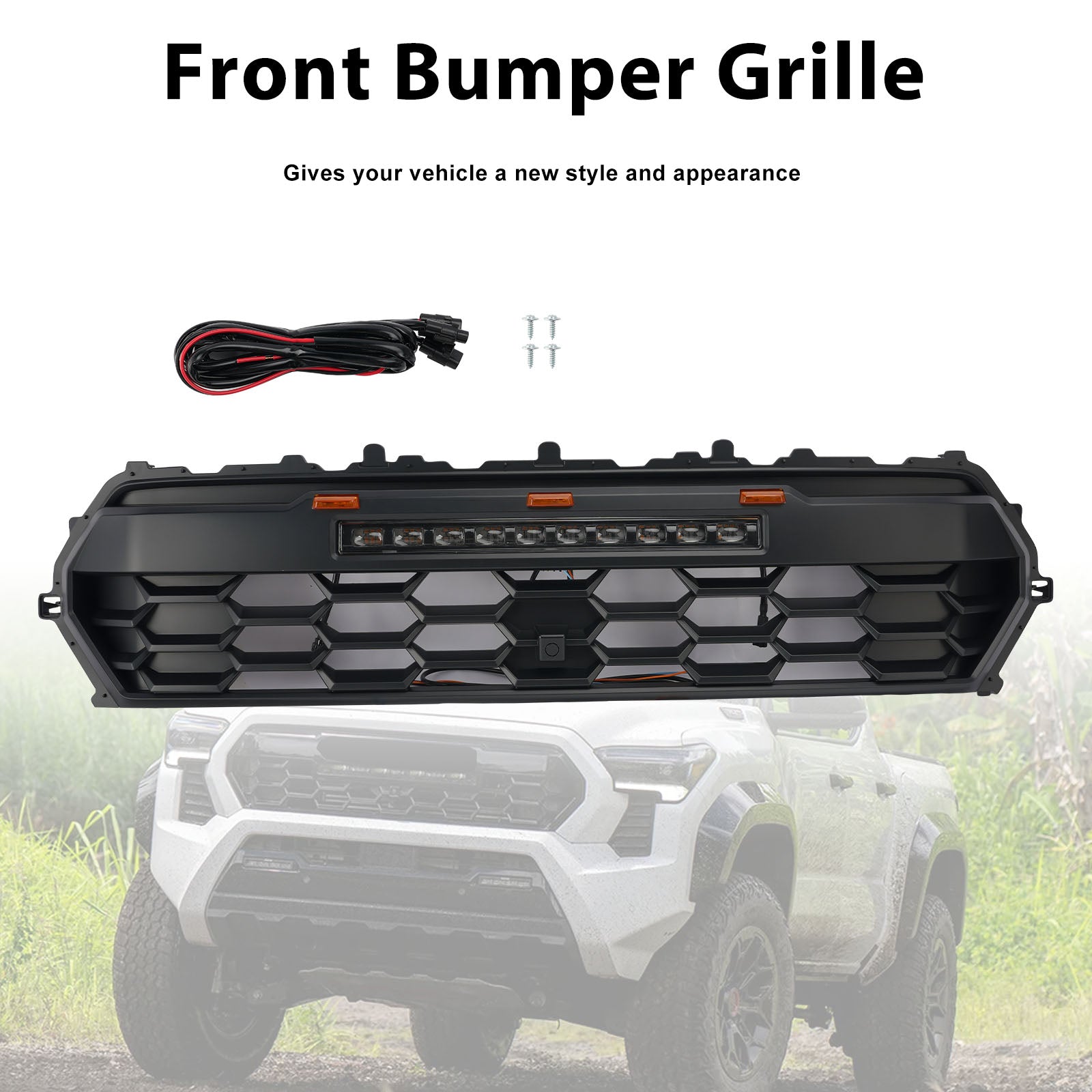 Black Front Bumper Grille Grill Fit Toyota Tacoma 2024+ With Led & Light Bar