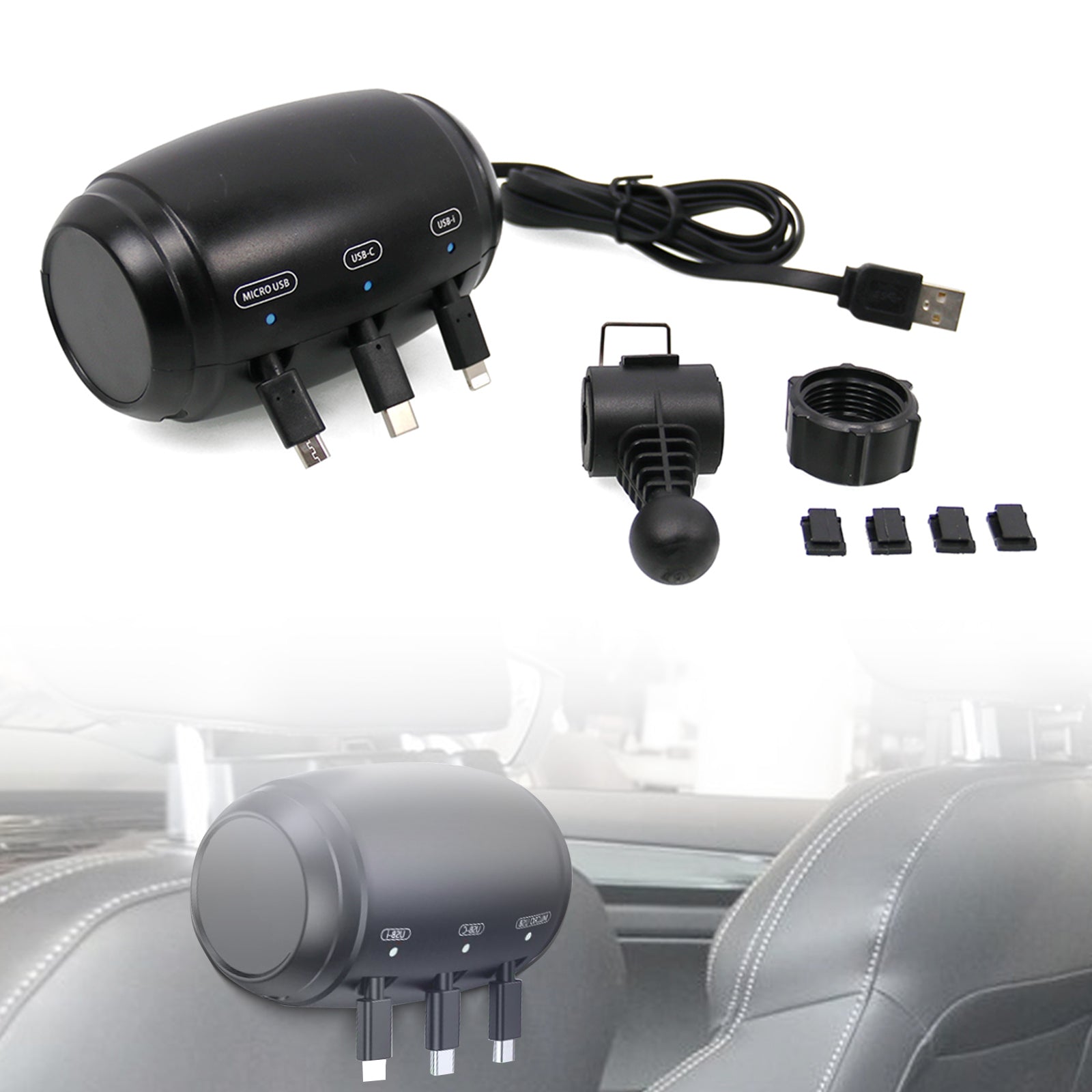 3-in-1 Retractable Car Backseat Charging Station Box for iPhone/Samsung/Android