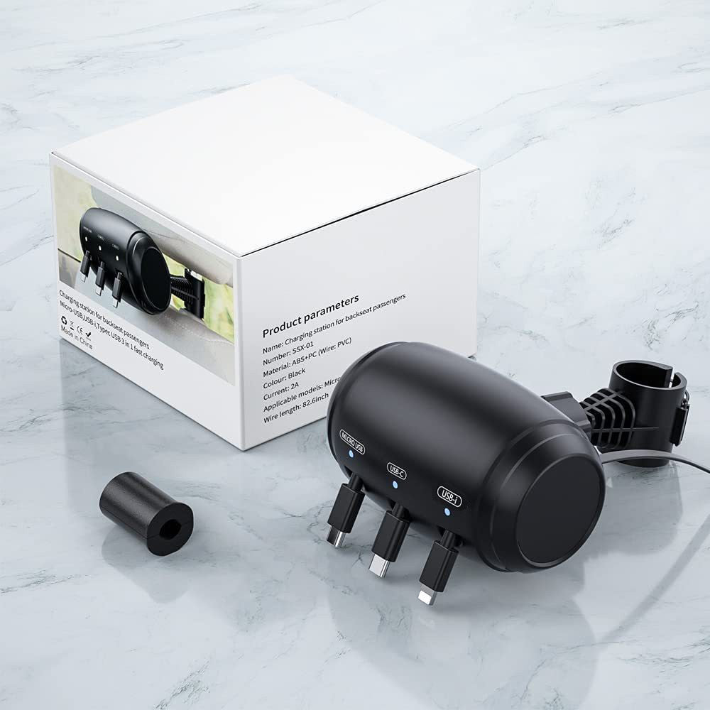 3-in-1 Retractable Car Backseat Charging Station Box for iPhone/Samsung/Android