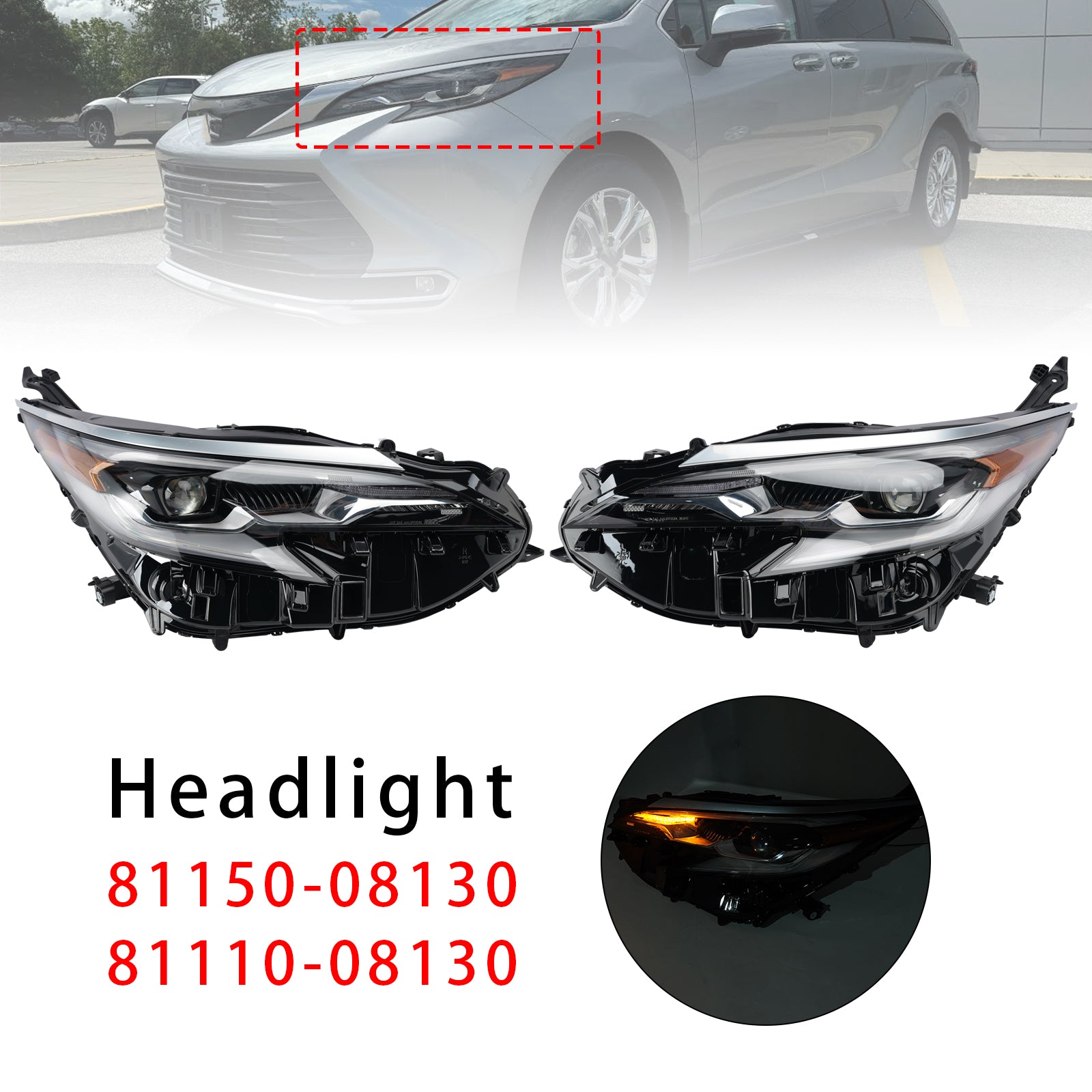 Led Left+Right Headlight 81150-08130 81110-08130 For Toyota Sienna 2021-2024