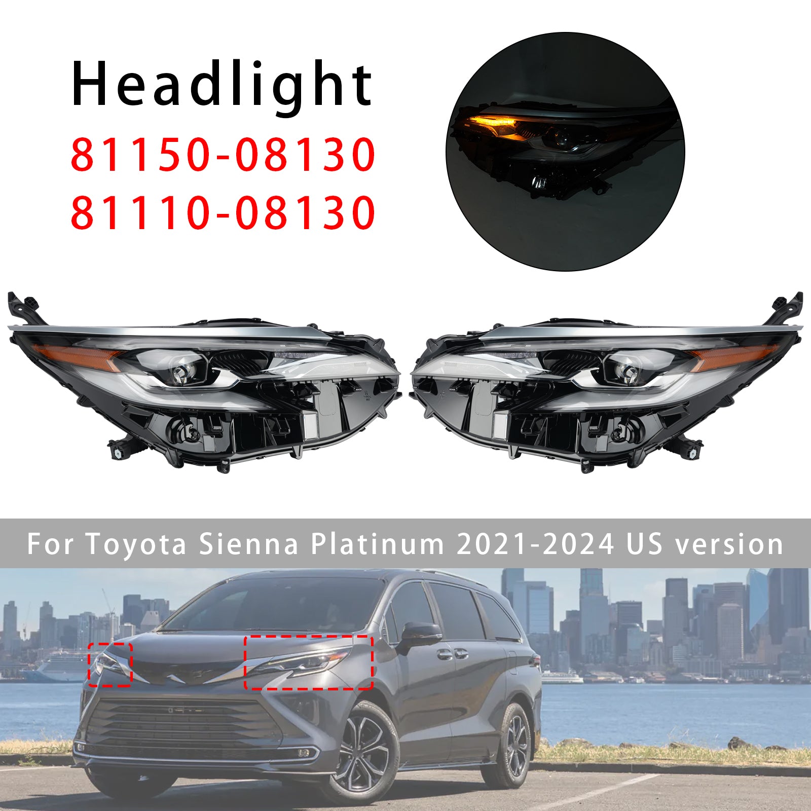 Led Left+Right Headlight 81150-08130 81110-08130 For Toyota Sienna 2021-2024