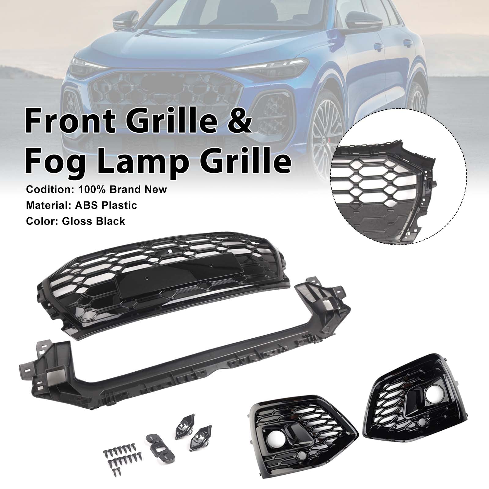 Front Bumper Grille Honeycomb Grille & Fog Light Cover Fit Audi Q5 2021-2025