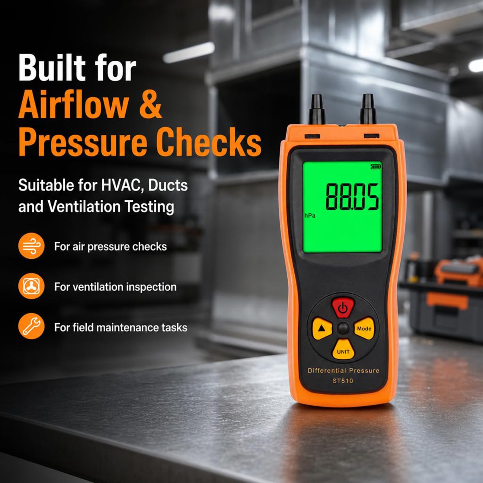 ST510 Digital Manometer Low Pressure Accurate Air Pressure Meter 0~100hPa