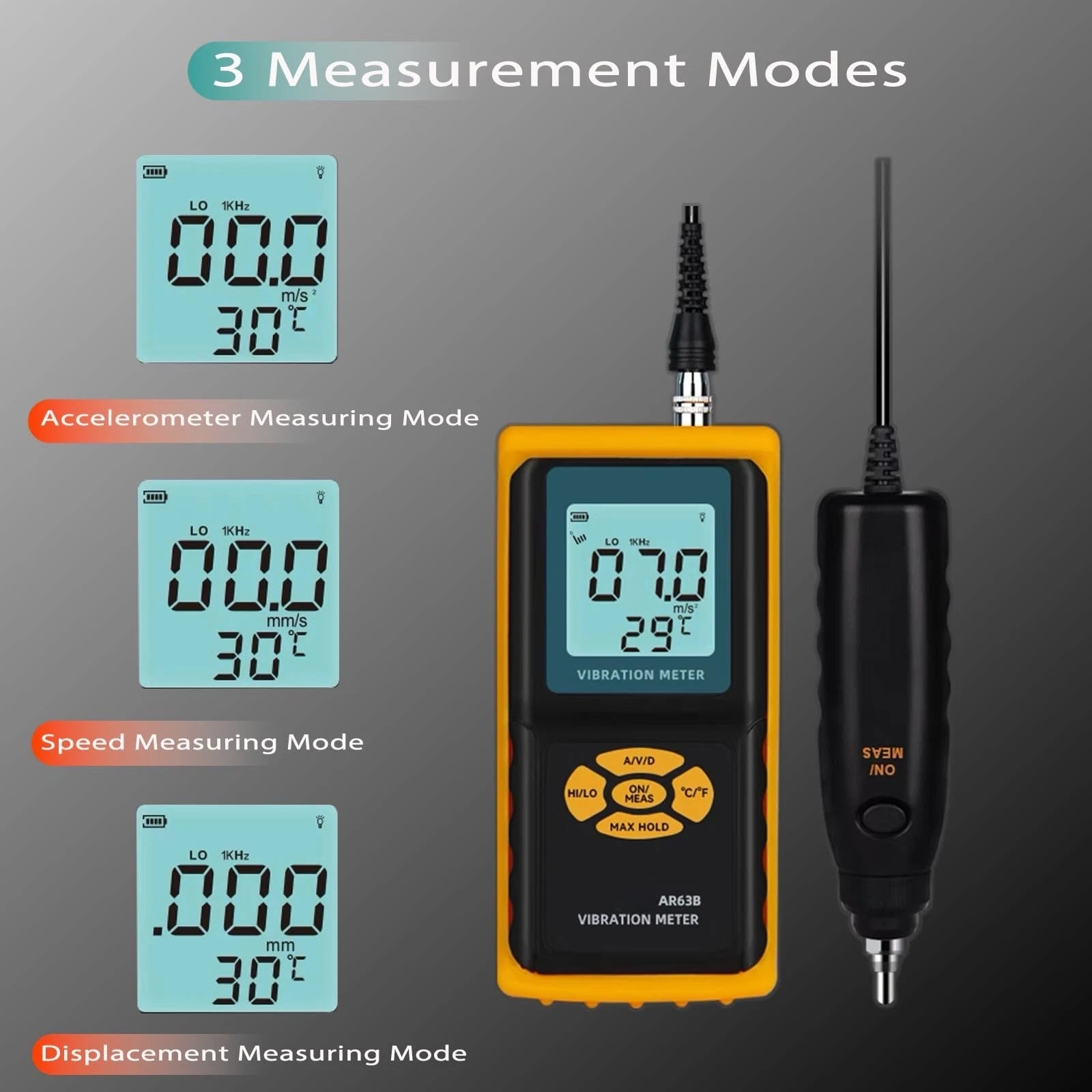 Digital AR63B Vibration Meter Vibrometer 3-in-1 Measuring Modes For Accelerat