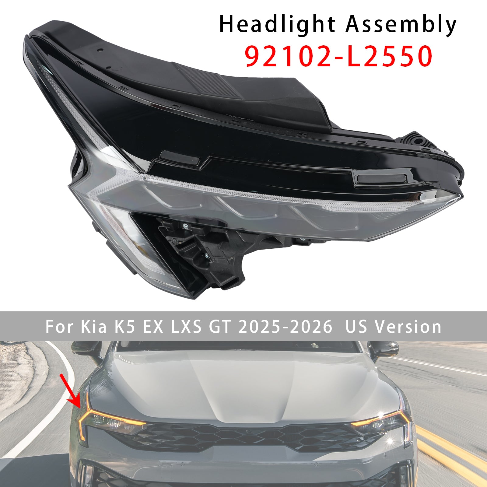 Right LED Headlight Assembly 92102-L2550 For Kia K5 EX LXS GT 2025-2026