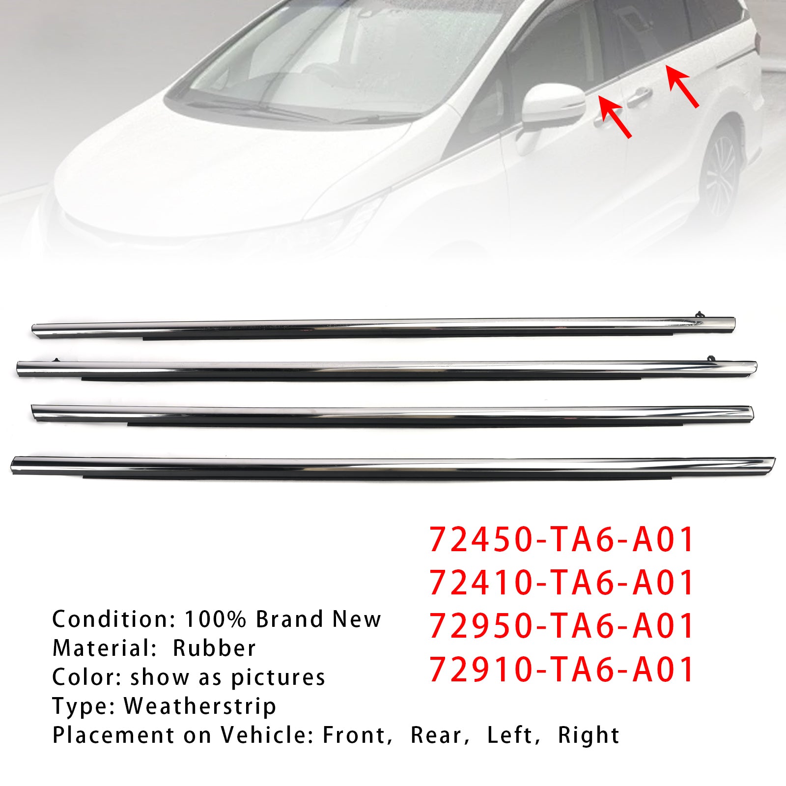 4PCS Car Window Weatherstrip Chrome 72450-TA6-A01 For Honda Odyssey 2015-2020