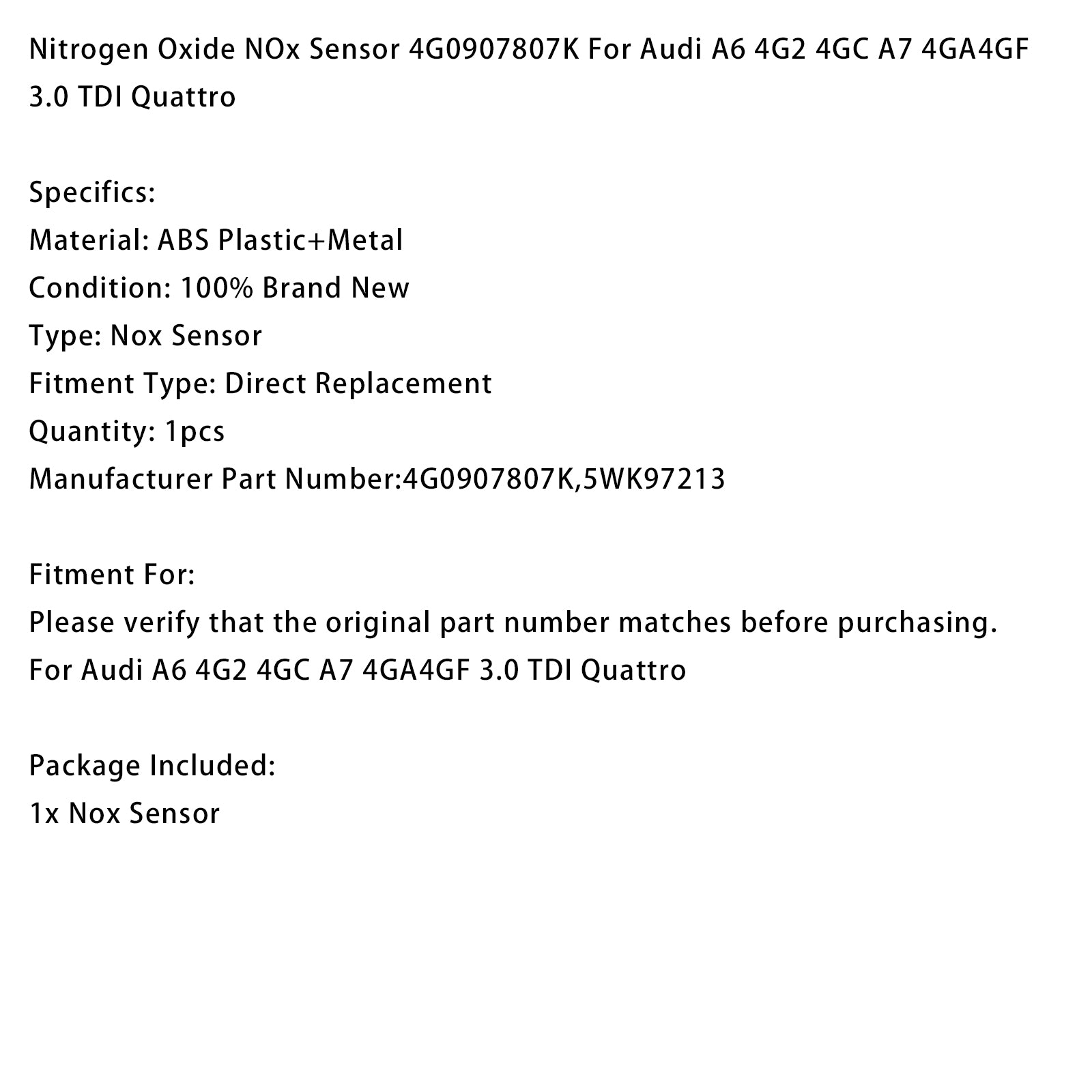 Nitrogen Oxide NOx Sensor 4G0907807K For Audi A6 4G2 4GC A7 3.0 TDI Quattro