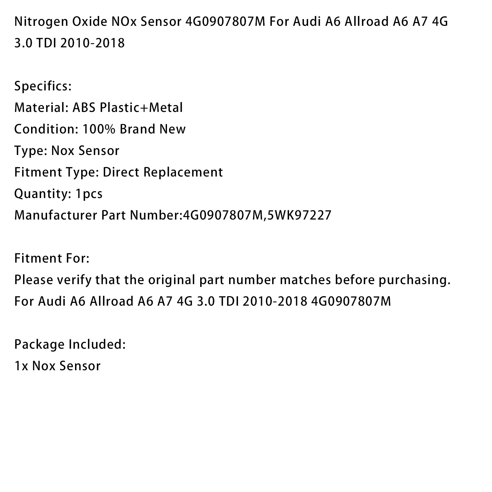 NOx Sensor 4G0907807M For Audi A6 Allroad A6 A7 4G 3.0 TDI 2010-2018