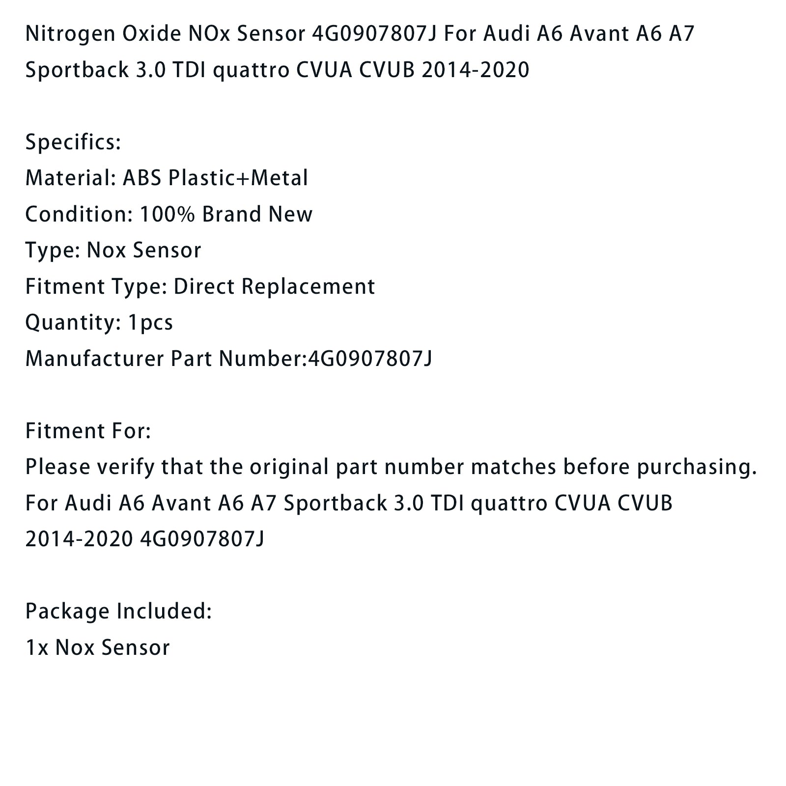 Nitrogen Oxide NOx Sensor 4G0907807J For Audi A6 Avant A6 A7 Sportback 3.0 TDI