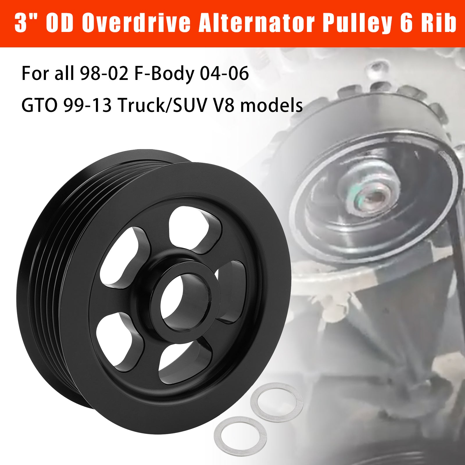 3" OD Overdrive Alternator Pulley 6 Rib Billet Aluminum For LS1 LS2 LS3 LS6