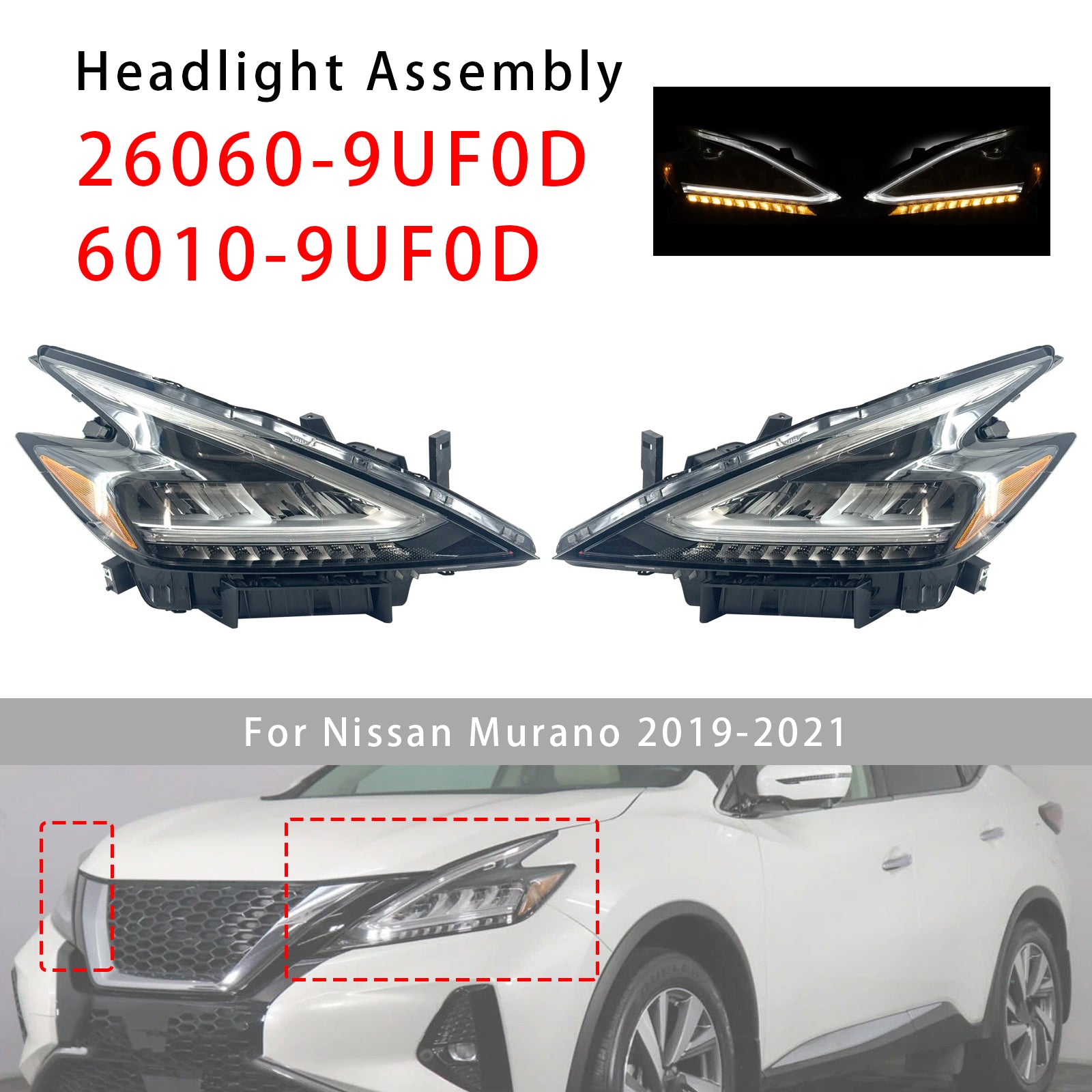 Left+Right LED Head Light 26060-9UF0D 26010-9UF0D For Nissan Murano 2019-2021