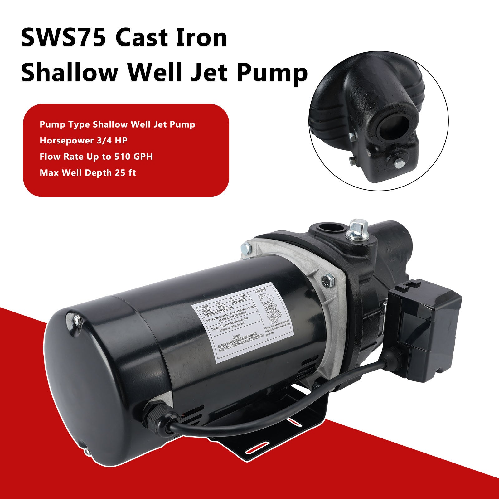 SWS75 Heavy Duty 3/4HP 779 GPH Cast Iron Shallow Well Jet Pump 040066218780